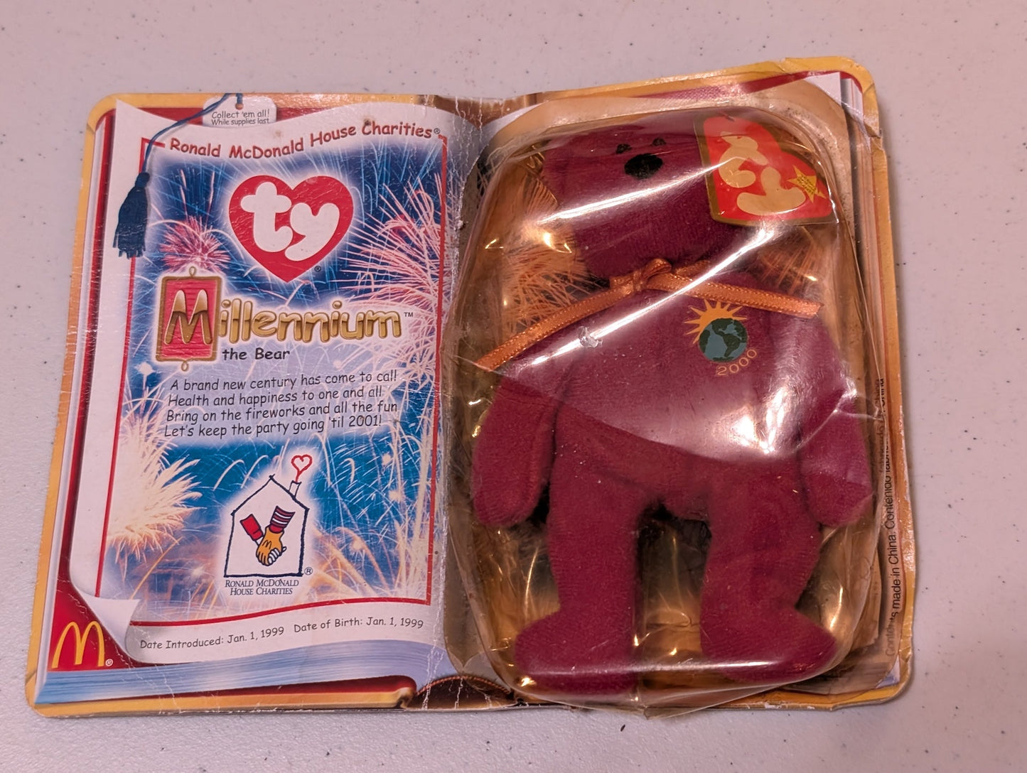Millennium the Bear - McDonald's / Ty Teenie Beanie Baby (Magenta, 1999, Plush Toy in packaging)