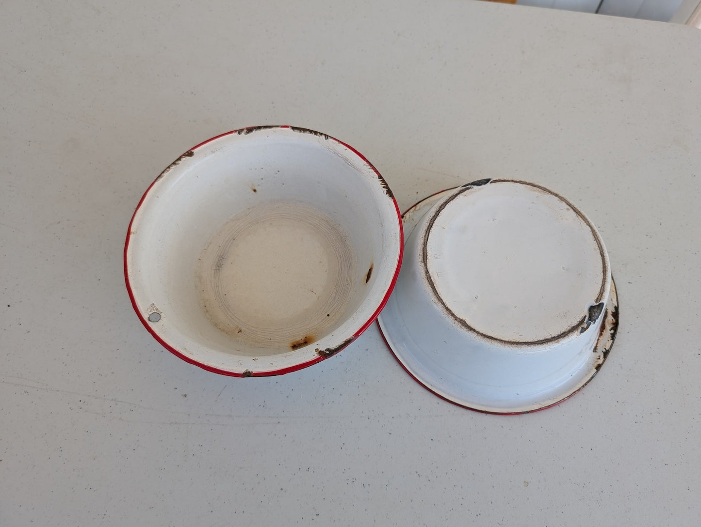 Porcelain Enamel Cookware Pots Pans - Pair Vintage White & Red Trim