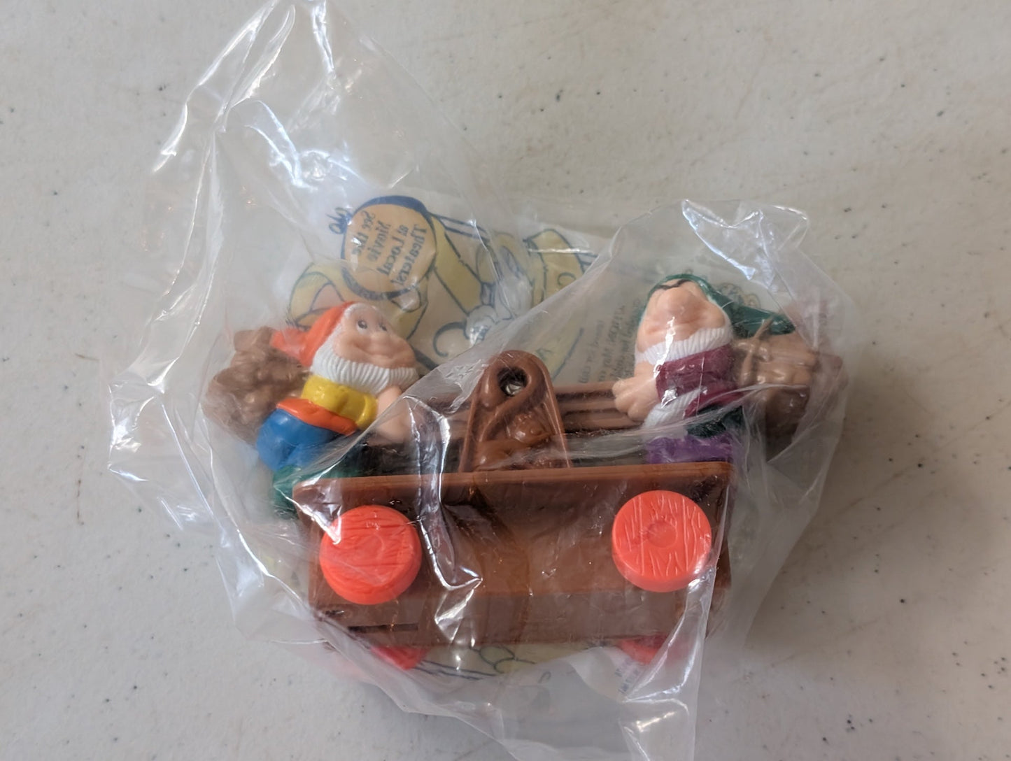 Snow White & the Seven Dwarfs Happy and Grumpy pushing cart 1992 McDonald's Happy Meal Toy (vintage, collectable, nostalgia, toy)