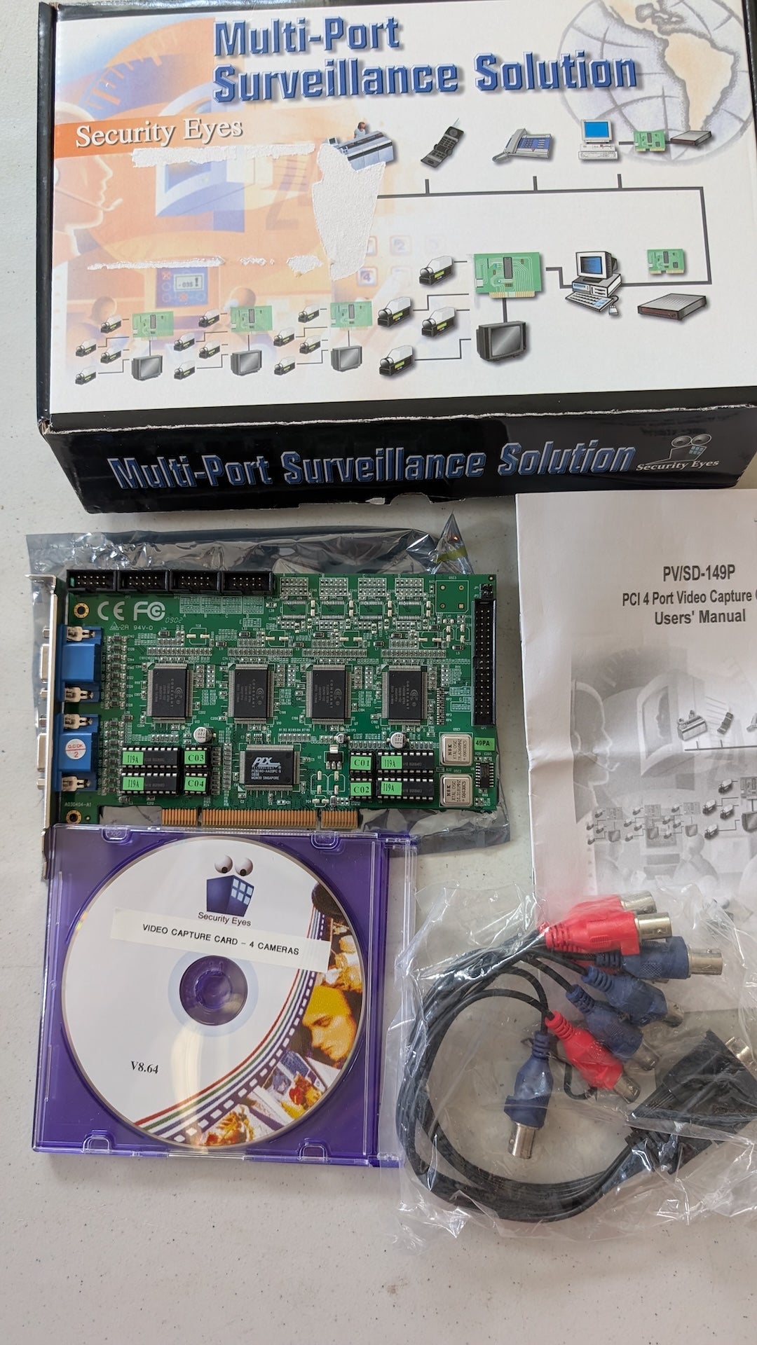 PV/SD-149P PCI 4 Port Video Capture Card from Security Eyes - 2000s Computer Components (PCB, Metal, Plastic Video Capture Card, Retro Tech, Industrial, Green, Black, Purple)