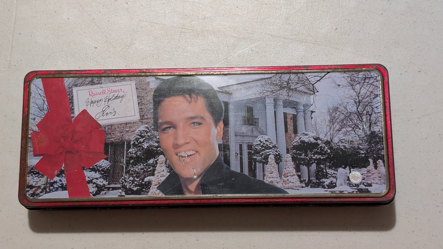 Elvis Presley "Happy Holidays" Tin from Russell Stover - 1990s Collectibles (Tin Collectible Tin, Christmas, Holiday, Red, White, Blue, Collectable, Vintage, Original)
