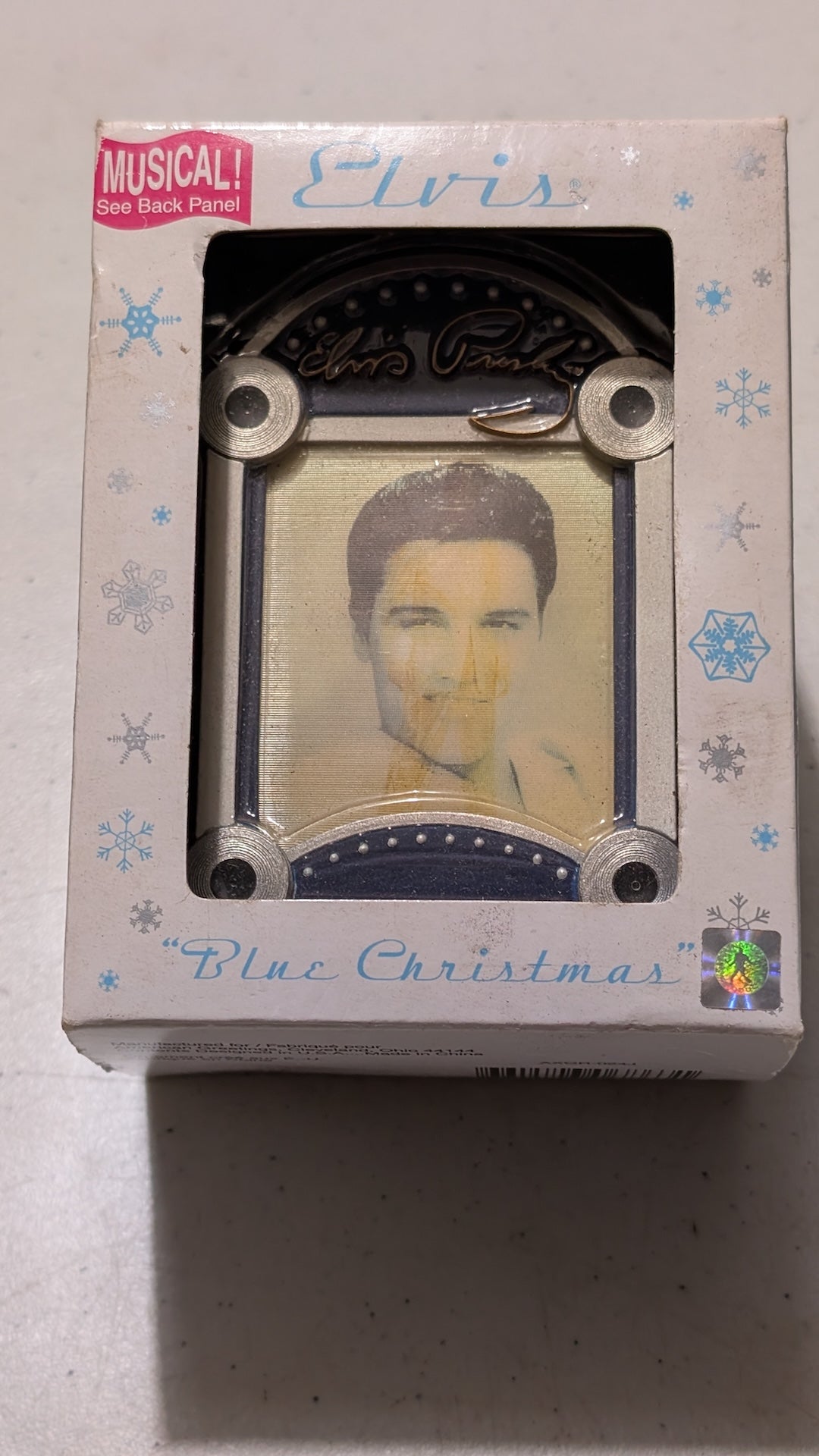 Elvis Presley "Blue Christmas" Musical Frame from Unknown - 2000s Collectible (Plastic, Glass, Cardboard Musical Photo Frame, Christmas, Holiday, Retro, Silver, Blue, White, Collectable, Vintage, Original)