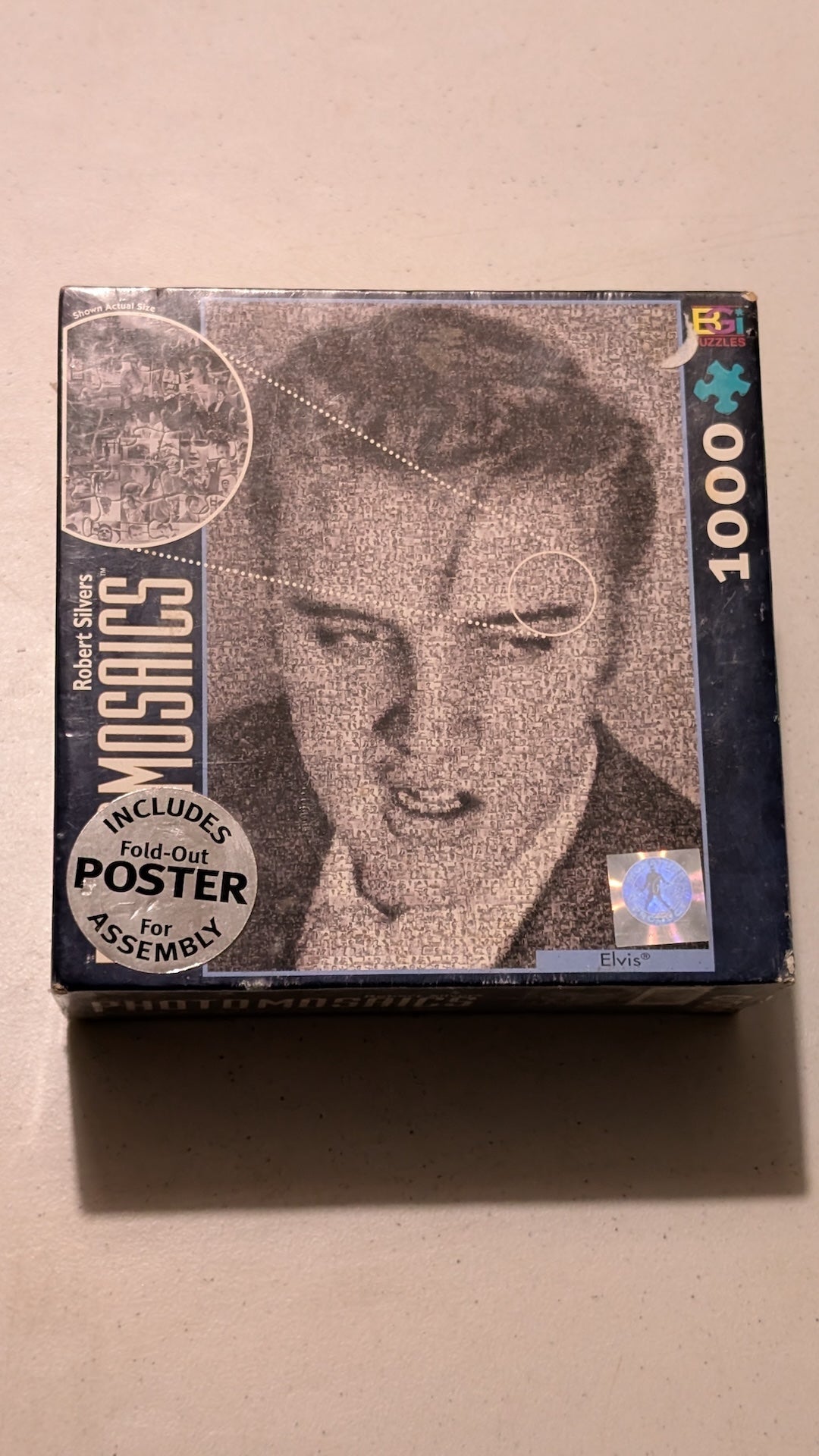 Robert Silvers' Mosaics Elvis Puzzle from BGI Puzzles - 2000s Toys & Games (Cardboard Jigsaw Puzzle, Hobbies, Pop Art, Black, White, Blue, Collectable, Vintage, Original)