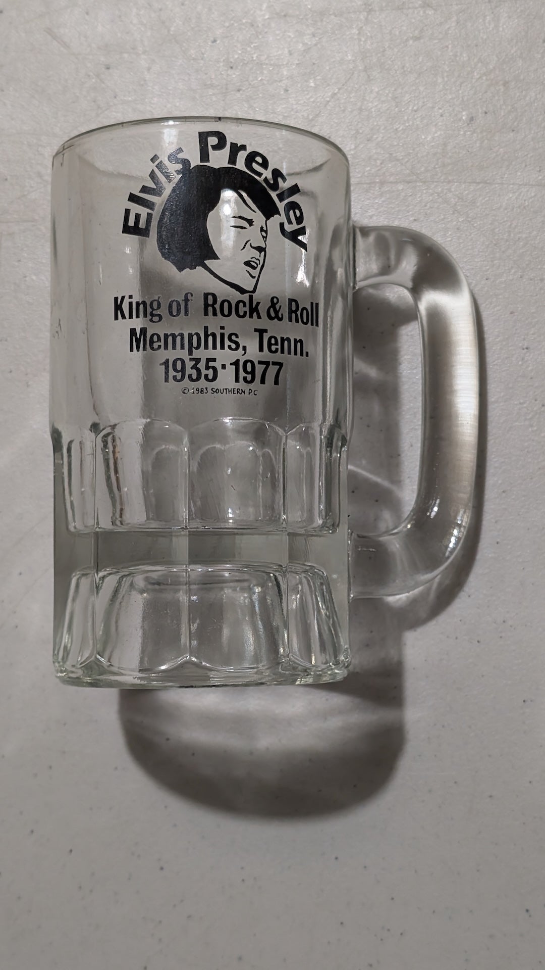 Elvis Presley King of Rock & Roll Mug from Southern P.C. - 1983 Housewares (Glass Glass Mug, Barware, Retro, Clear, Black, Collectable, Vintage, Original)
