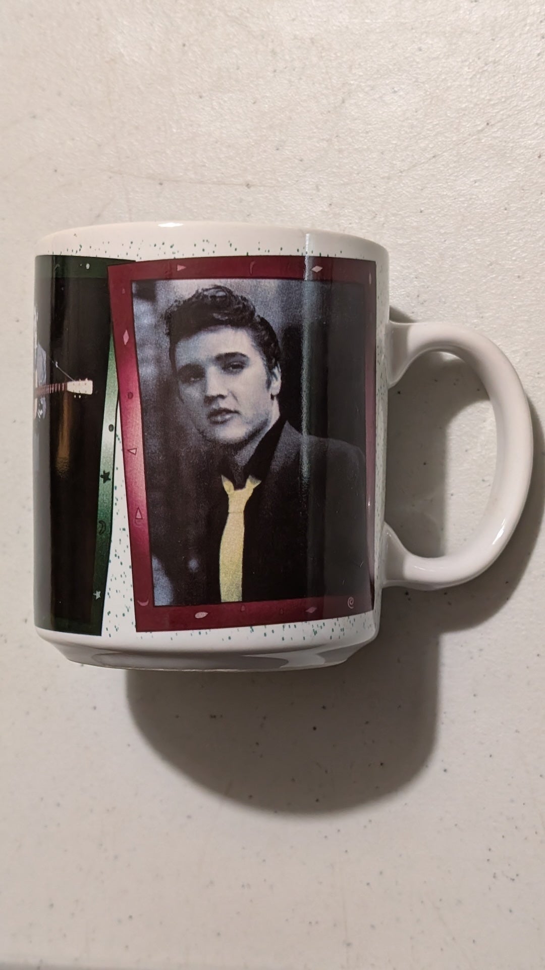 Elvis Medley Mug from Unknown - 1990s Housewares (Ceramic Mug, Music Memorabilia, Retro, White, Black, Red, Green, Yellow, Collectable, Vintage, Original)