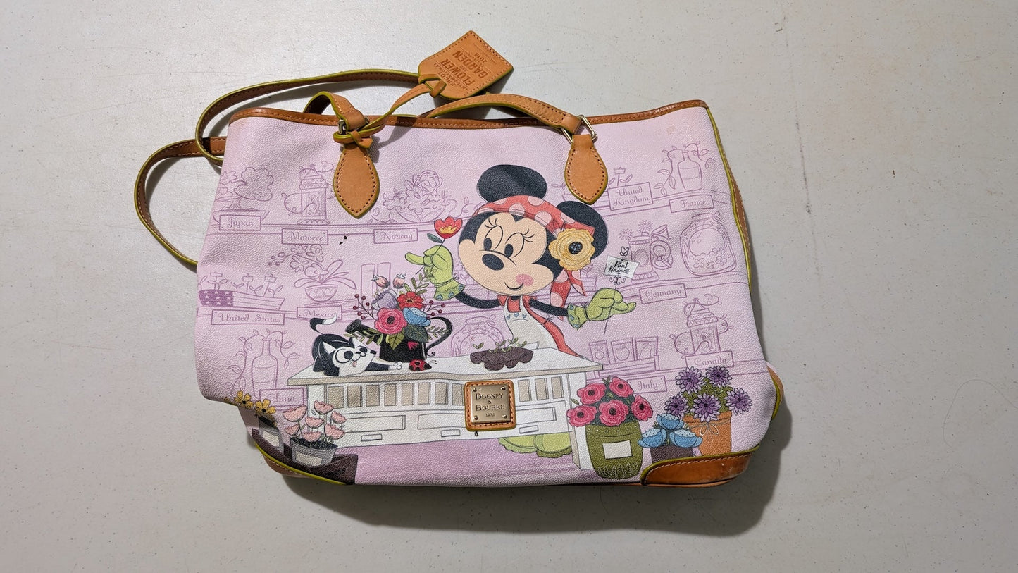 Epcot International Flower & Garden Festival 2018 Tote Bag from Dooney & Bourke - 2018 Passholder Exclusive Handbag (Coated Cotton, Leather Tote Bag, Disney Characters, Gardening, Epcot, Pink, Tan, Multi-color)
