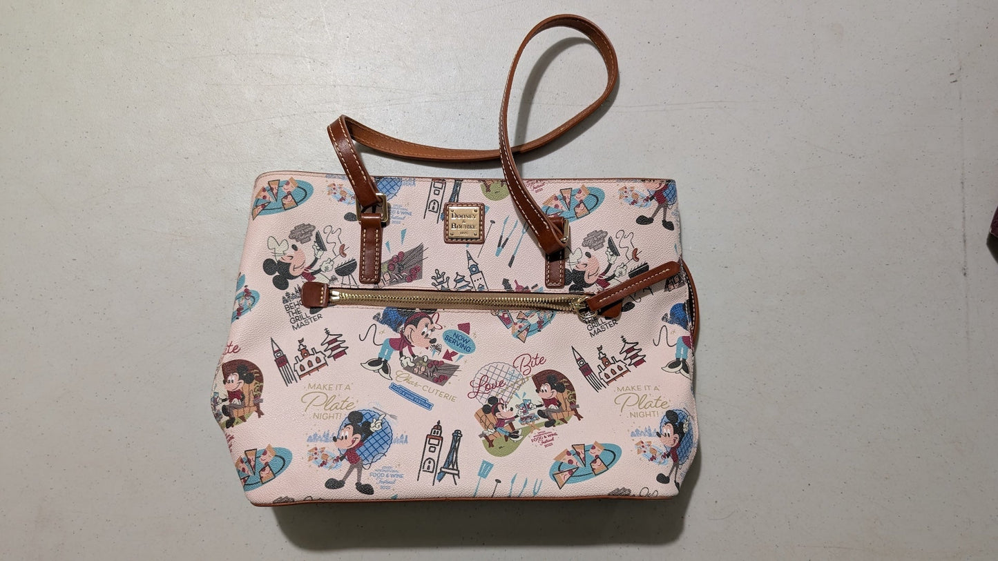 Epcot World Food and Wine Festival / Romantic Italy Tote Bag from Dooney & Bourke - 2022 Handbag (Coated Cotton, Leather Tote Bag, Disney Characters, Travel, Europe, Cream, Brown, Multi-color)