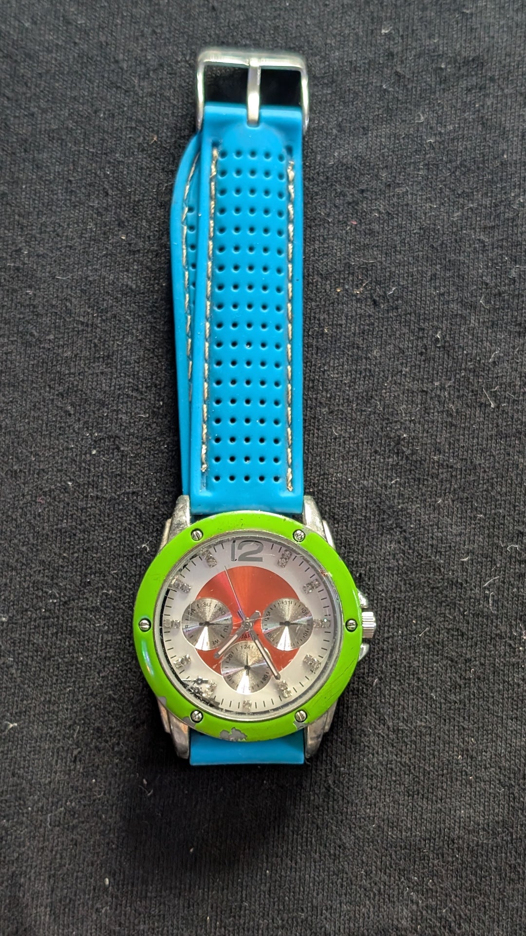 Men's Fashion Watch Blue Silicone Strap Green Bezel Chronograph Style