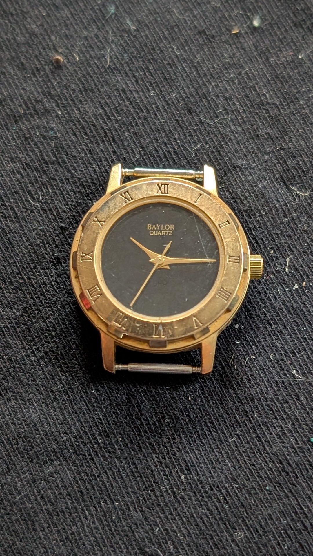 Baylor Quartz Watch Head Gold-Tone Black Dial Roman Numeral Bezel (For Parts)