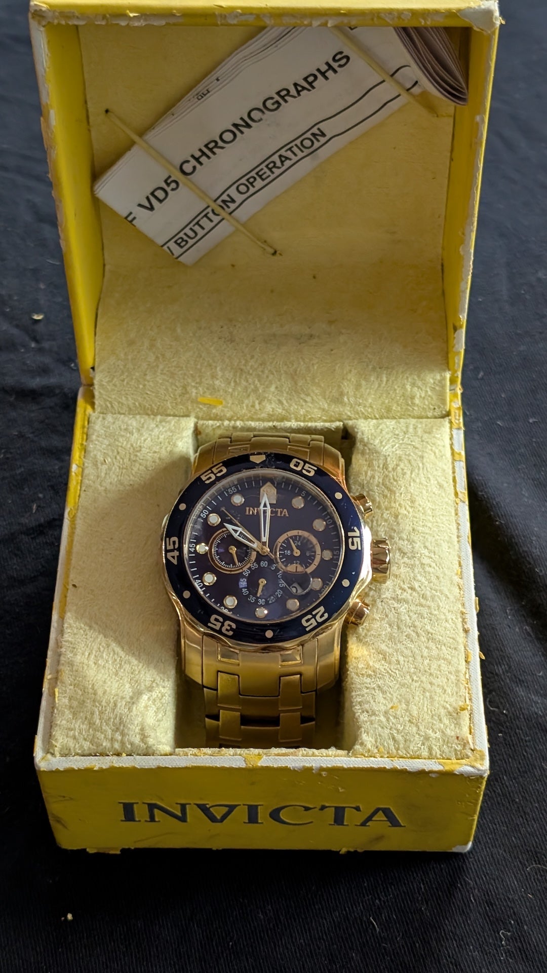 Invicta Men's Chronograph Watch Gold-Tone Blue Dial & Bezel in Box (Untested)