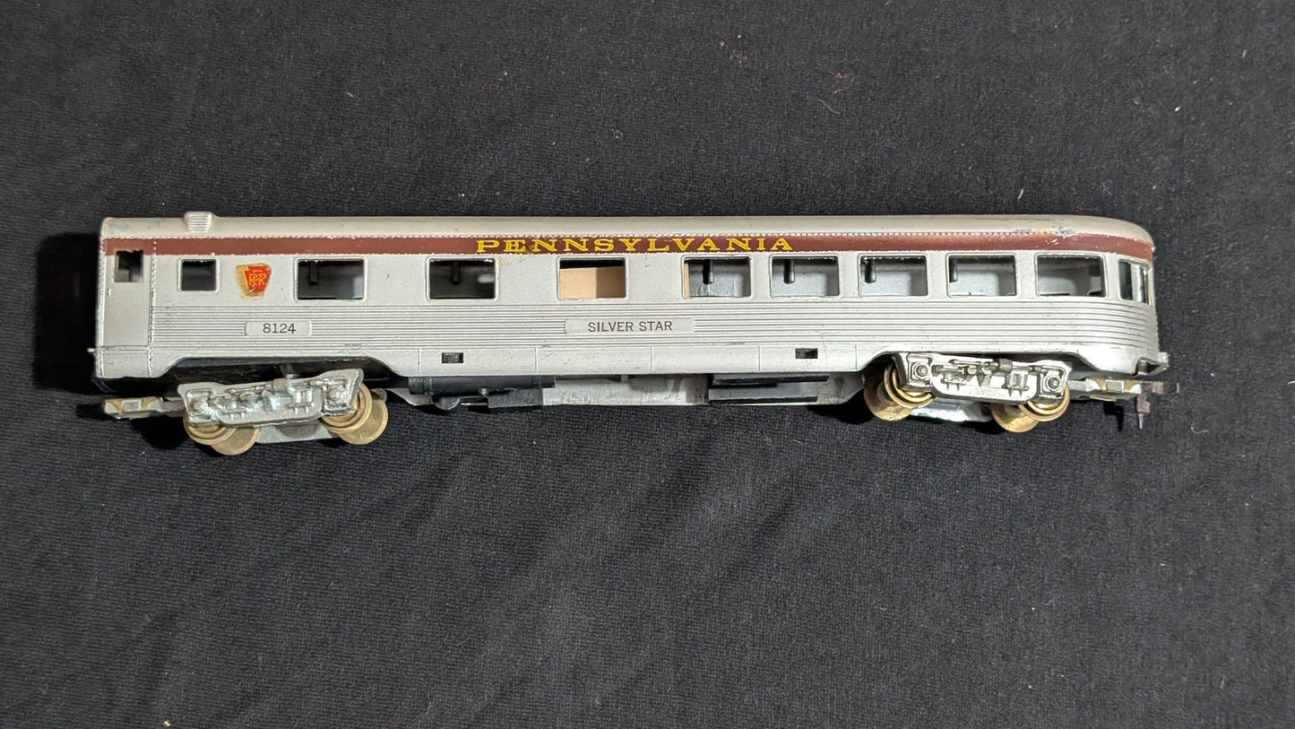 Pennsylvania "Silver Star" Observation Passenger Car likely from Rivarossi/AHM - 1970s HO Scale Model Train (Plastic, Metal Passenger Car, Molded Seats, Silver, Red, Gold)