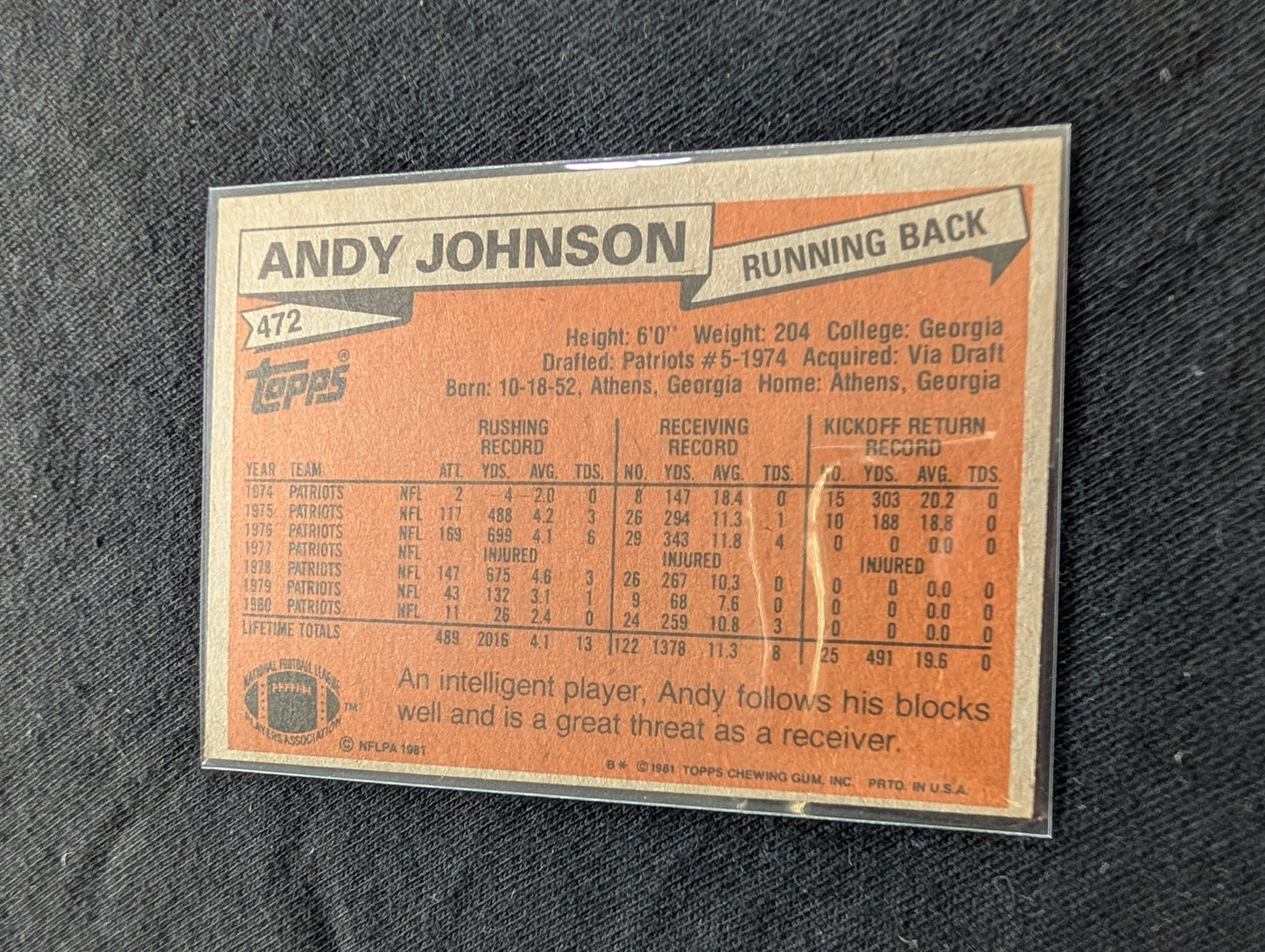 Andy Johnson 1977 & 1980 Topps New England Patriots Lot (2) Vintage RB