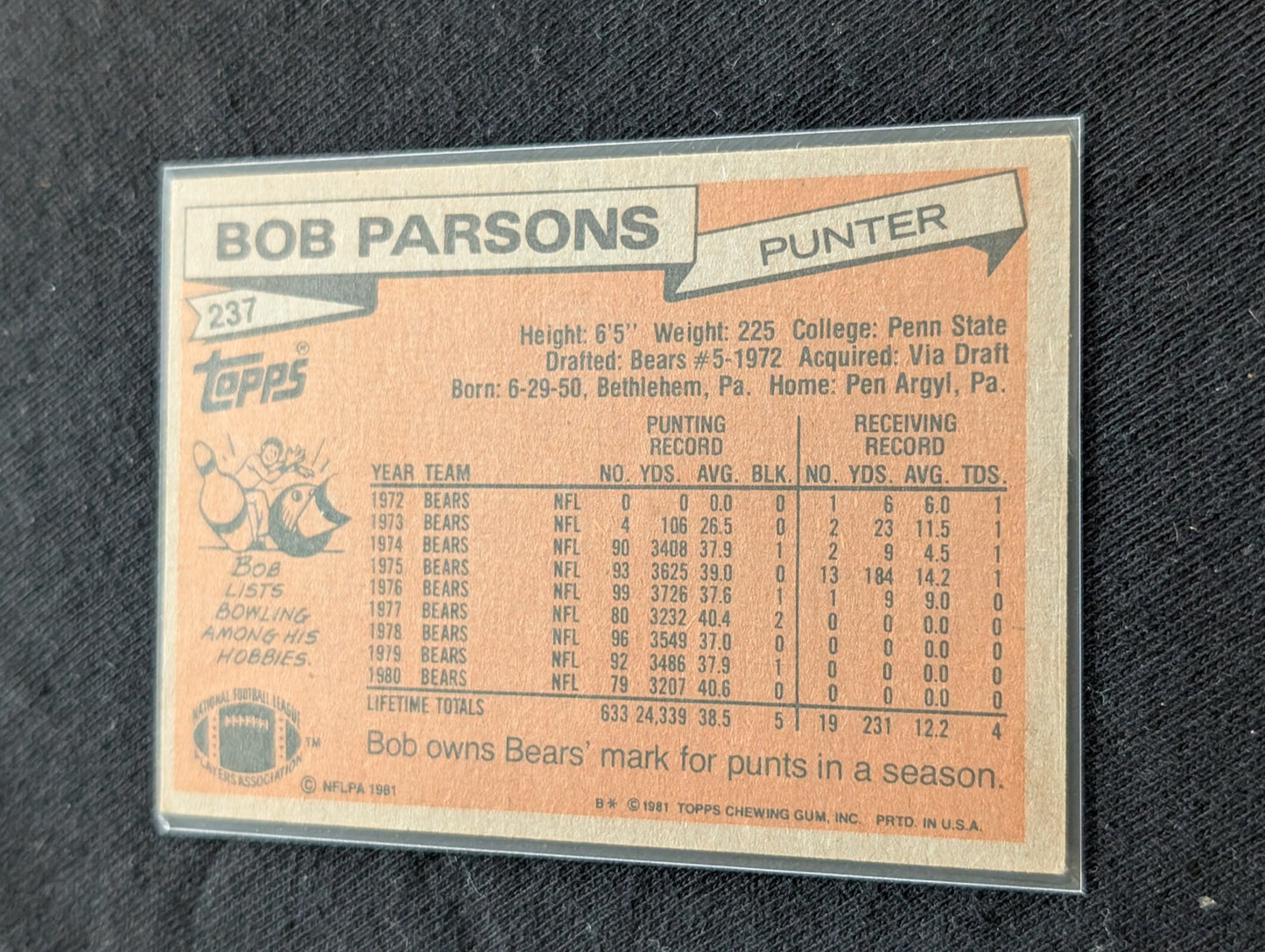 Bob Parsons 1978 & 1979 Topps Chicago Bears Lot (2) Vintage Punter Cards