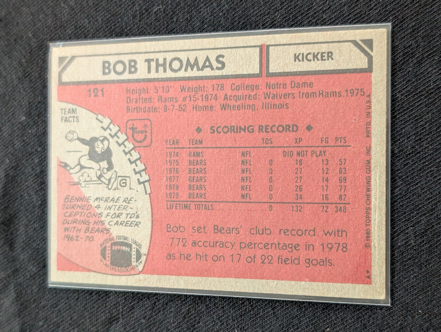 Bob Thomas 1978 & 1979 Topps Chicago Bears Lot (2) Vintage Kicker Cards