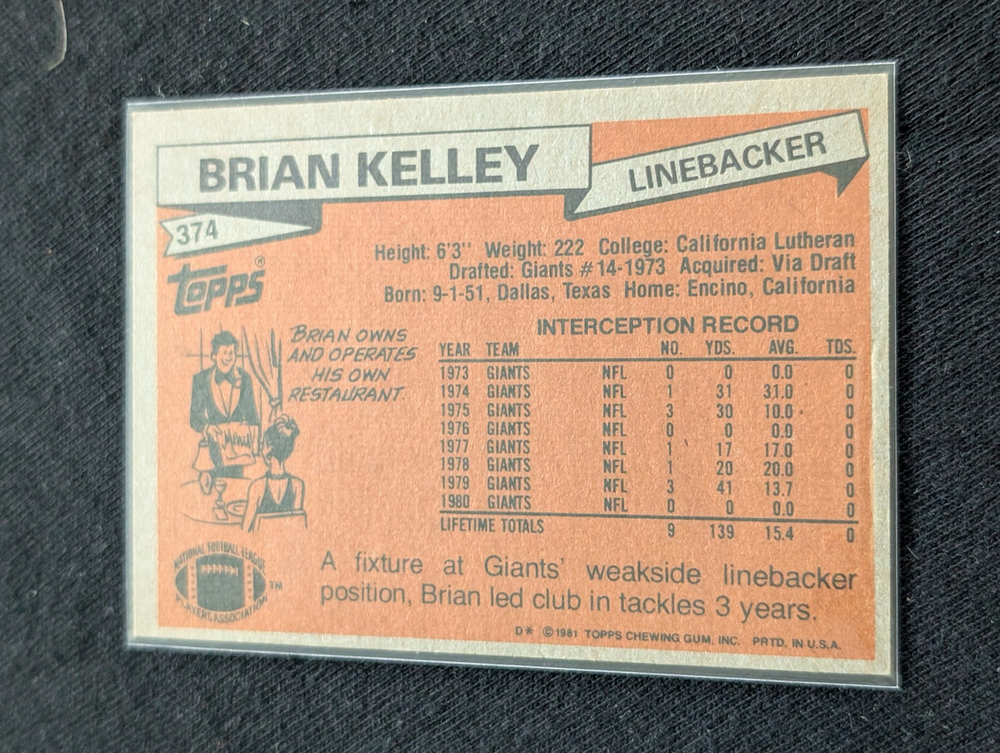 Brian Kelley 1979 & 1980 Topps New York Giants Lot (2) Vintage LB Cards