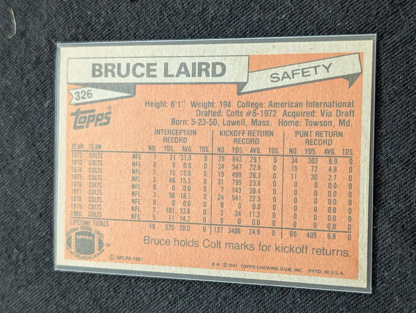 Bruce Laird 1980 & 1981 Topps Baltimore Colts Lot (2) Vintage Safety Cards