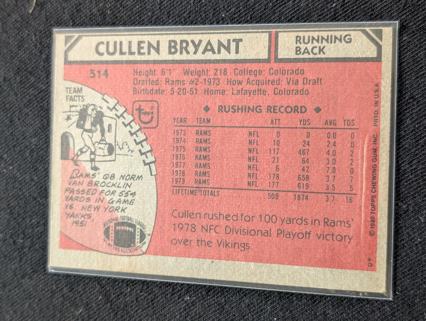 Cullen Bryant 1979 & 1980 Topps Los Angeles Rams Lot (2) Vintage RB Cards