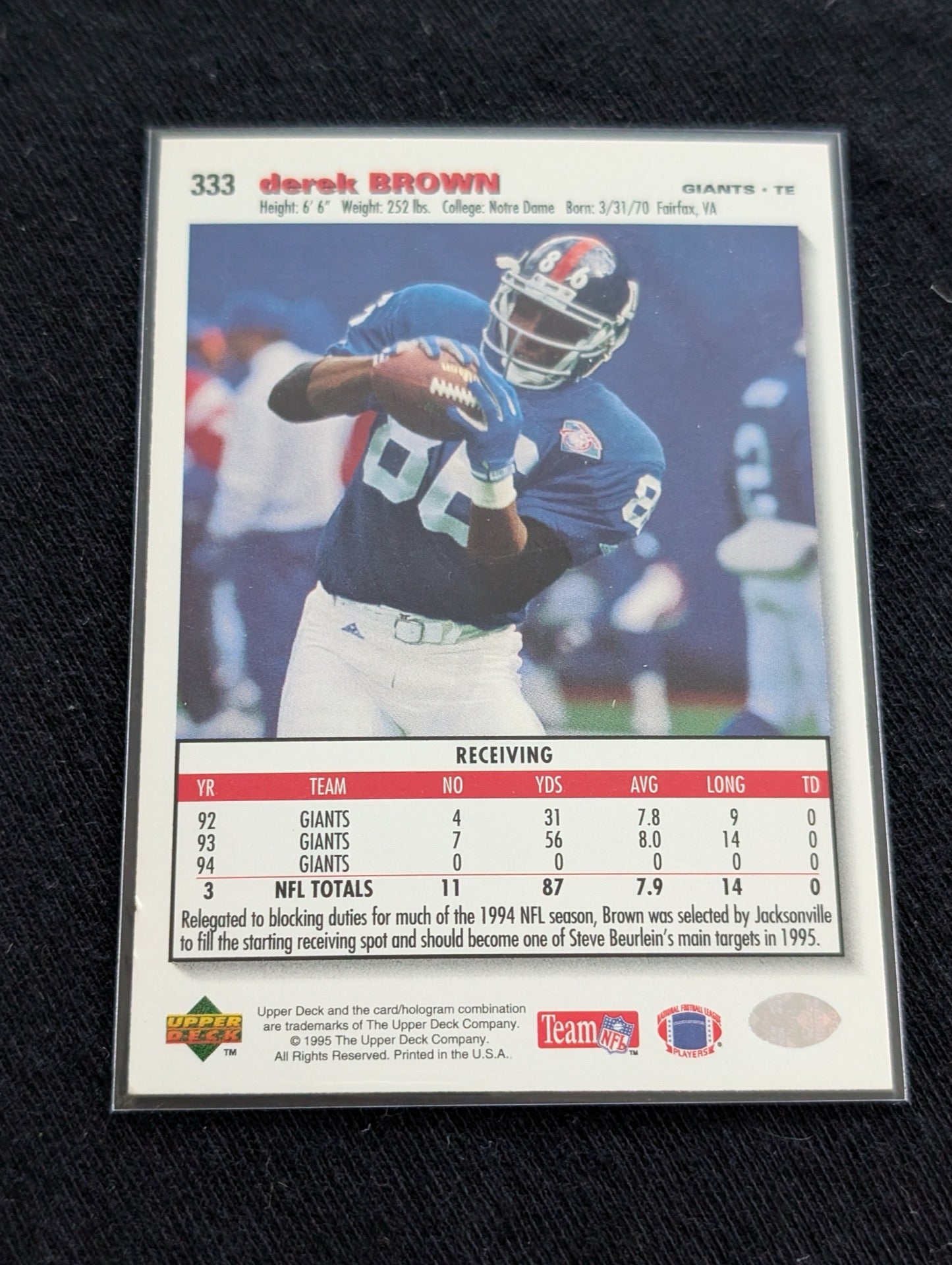 Derek Brown New York Giants TE Card Lot (2) 1994 & 1995 Collector's Choice