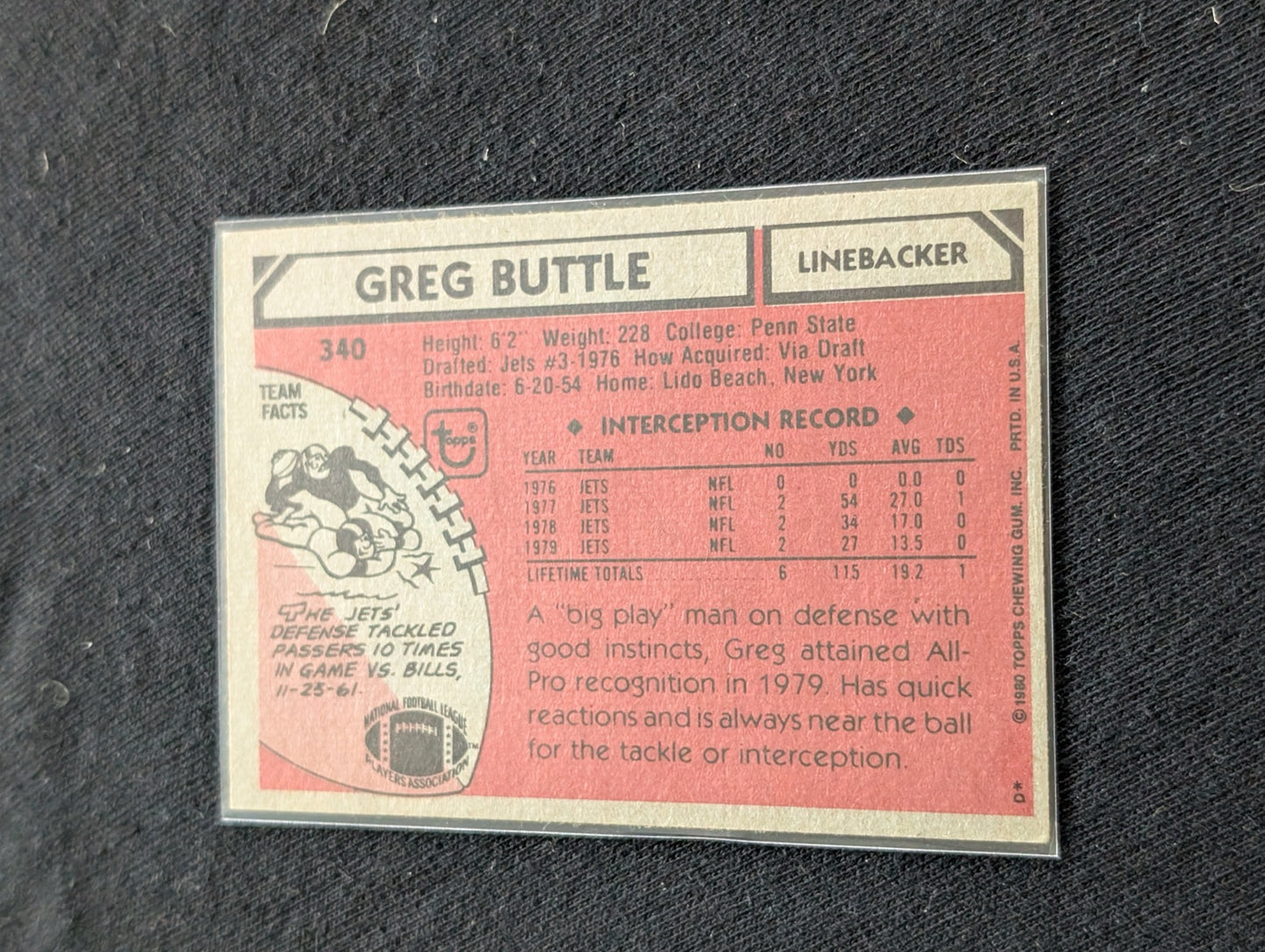 Greg Buttle New York Jets LB Vintage Topps Lot (2) 1980 All-Pro 1981