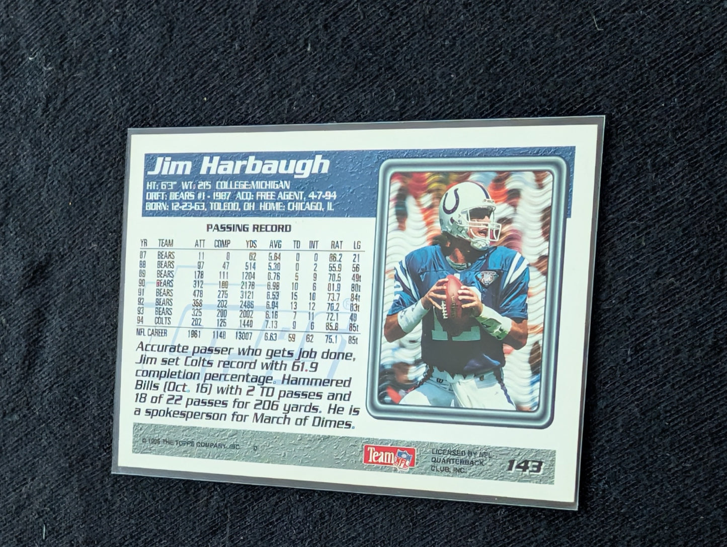 Jim Harbaugh "Captain Comeback" QB Lot (2) 1990 Topps Bears & 1996 Topps Colts