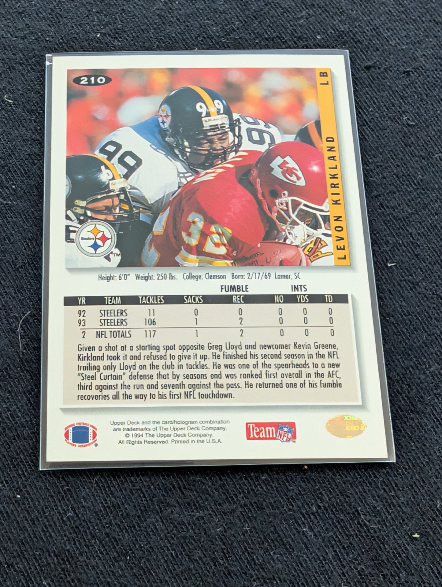 Levon Kirkland Steelers LB Legend Lot (2) 1997 Score & 1994 Collector's Choice
