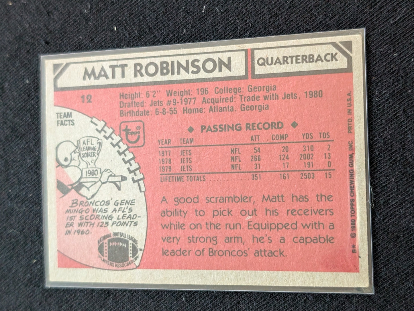 Matt Robinson Denver Broncos Vintage Topps Lot (2) 1980 & 1981 QB