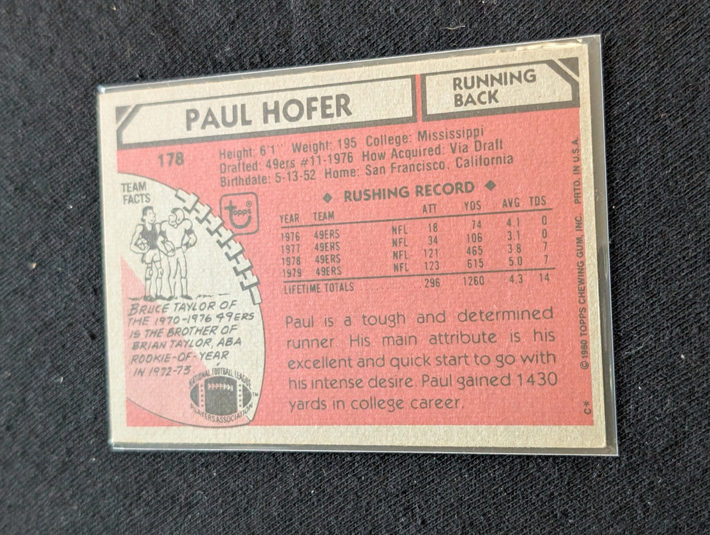 Paul Hofer San Francisco 49ers Vintage Topps Lot (2) 1980 & 1981 RB