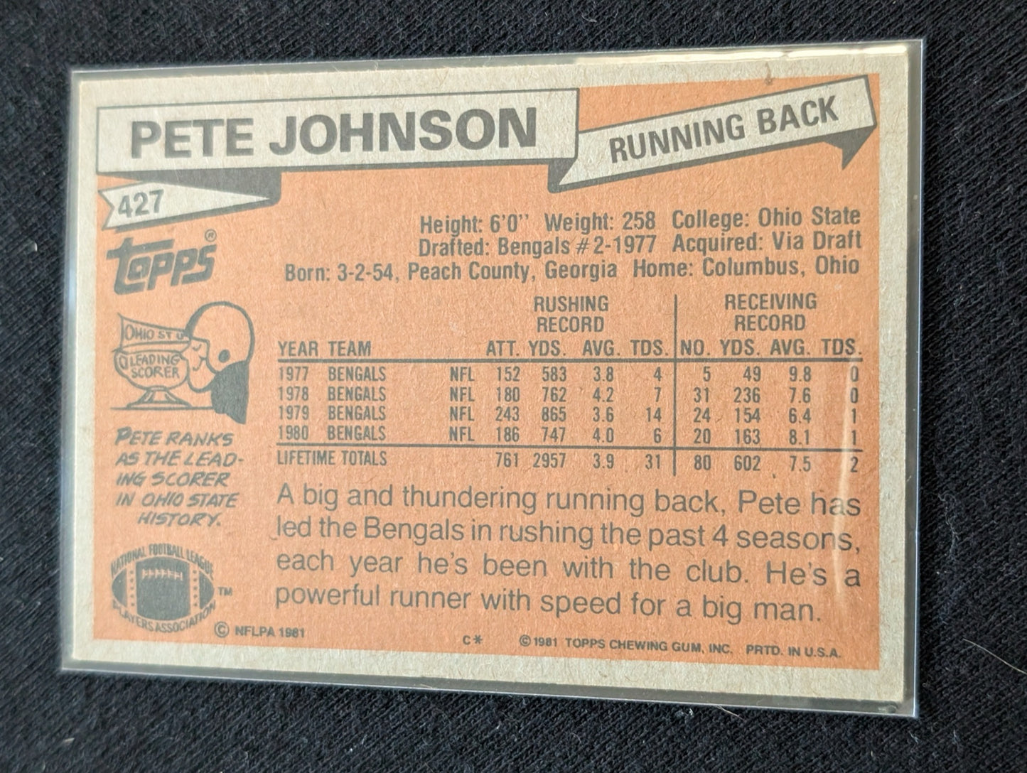 Pete Johnson Bengals Pro Bowl RB Vintage Topps Lot (3) 1980 1981 1982