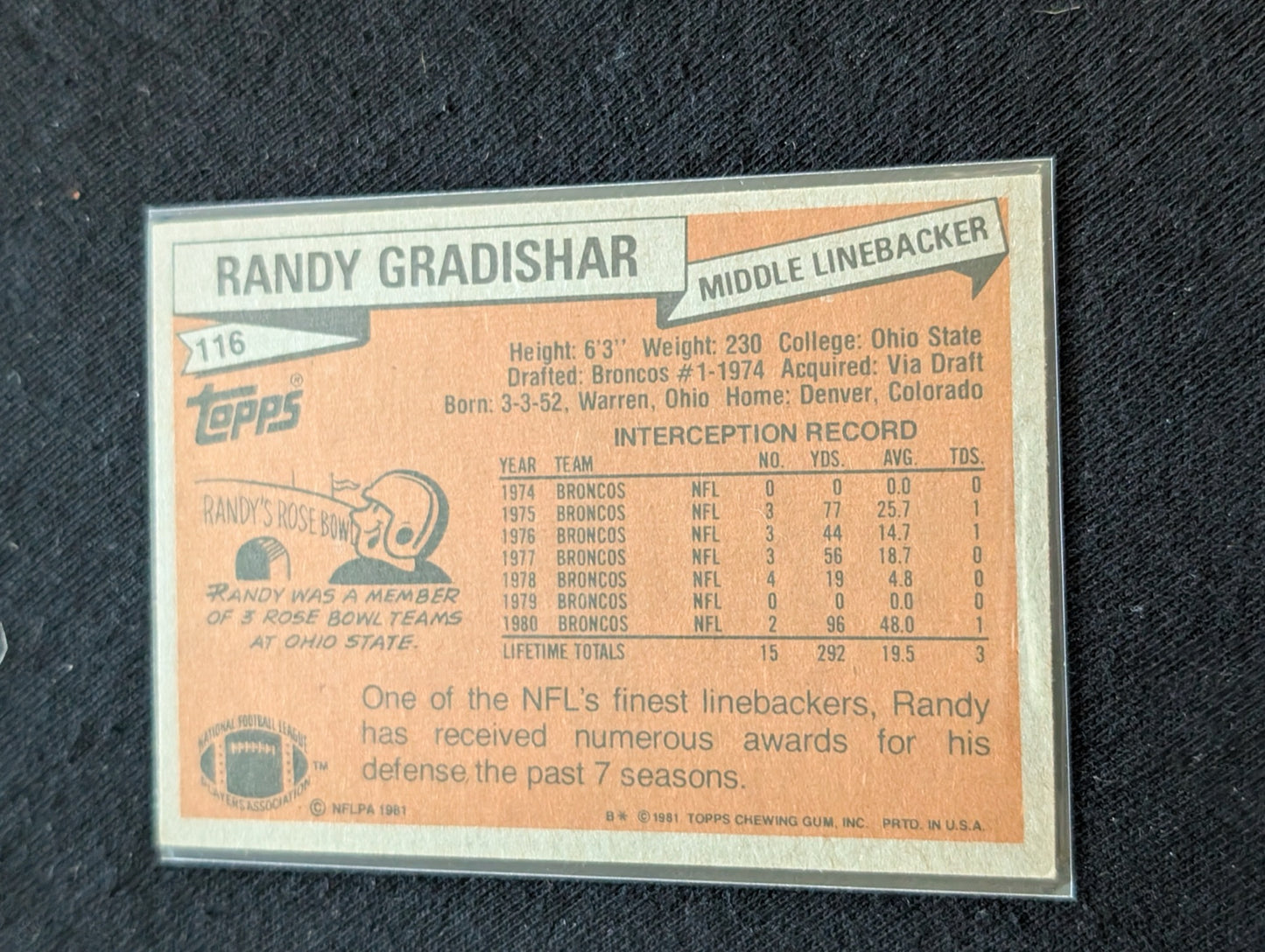 Randy Gradishar HOF Broncos Legend Vintage Topps Lot (2) 1980 & 1981 DPOY