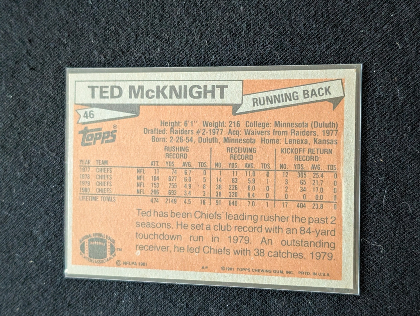 Ted McKnight Kansas City Chiefs Vintage Topps Lot (2) 1980 & 1981 RB