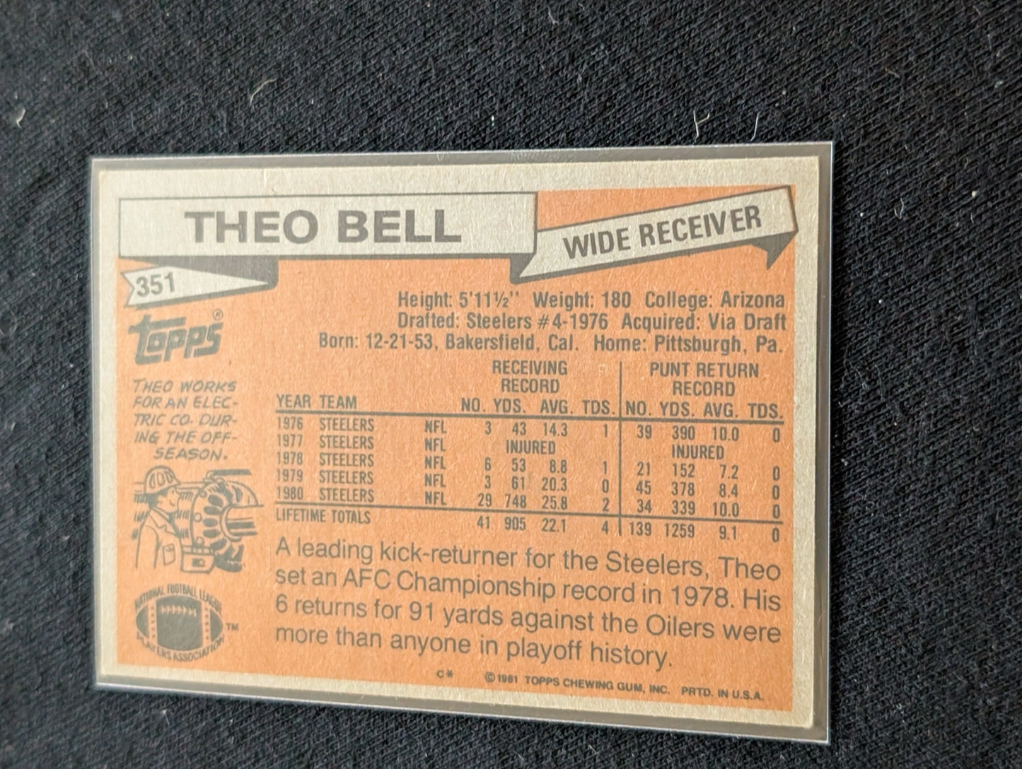 Theo Bell Steelers WR Vintage Topps Lot (2) 1980 & 1981 2x Super Bowl Champ