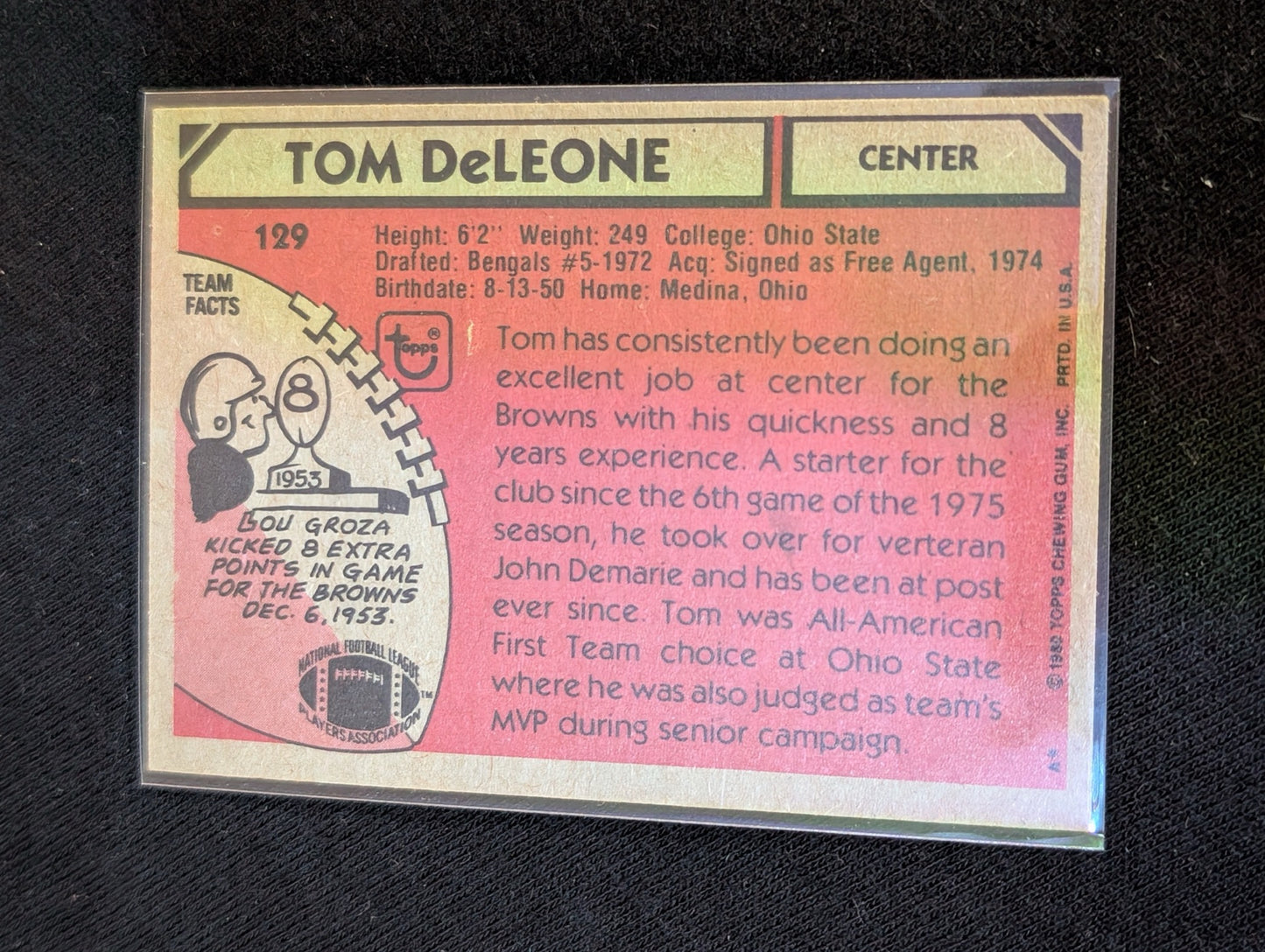 Tom DeLeone Browns Vintage Topps Lot (2) 1980 & 1981 2x Pro Bowl Center