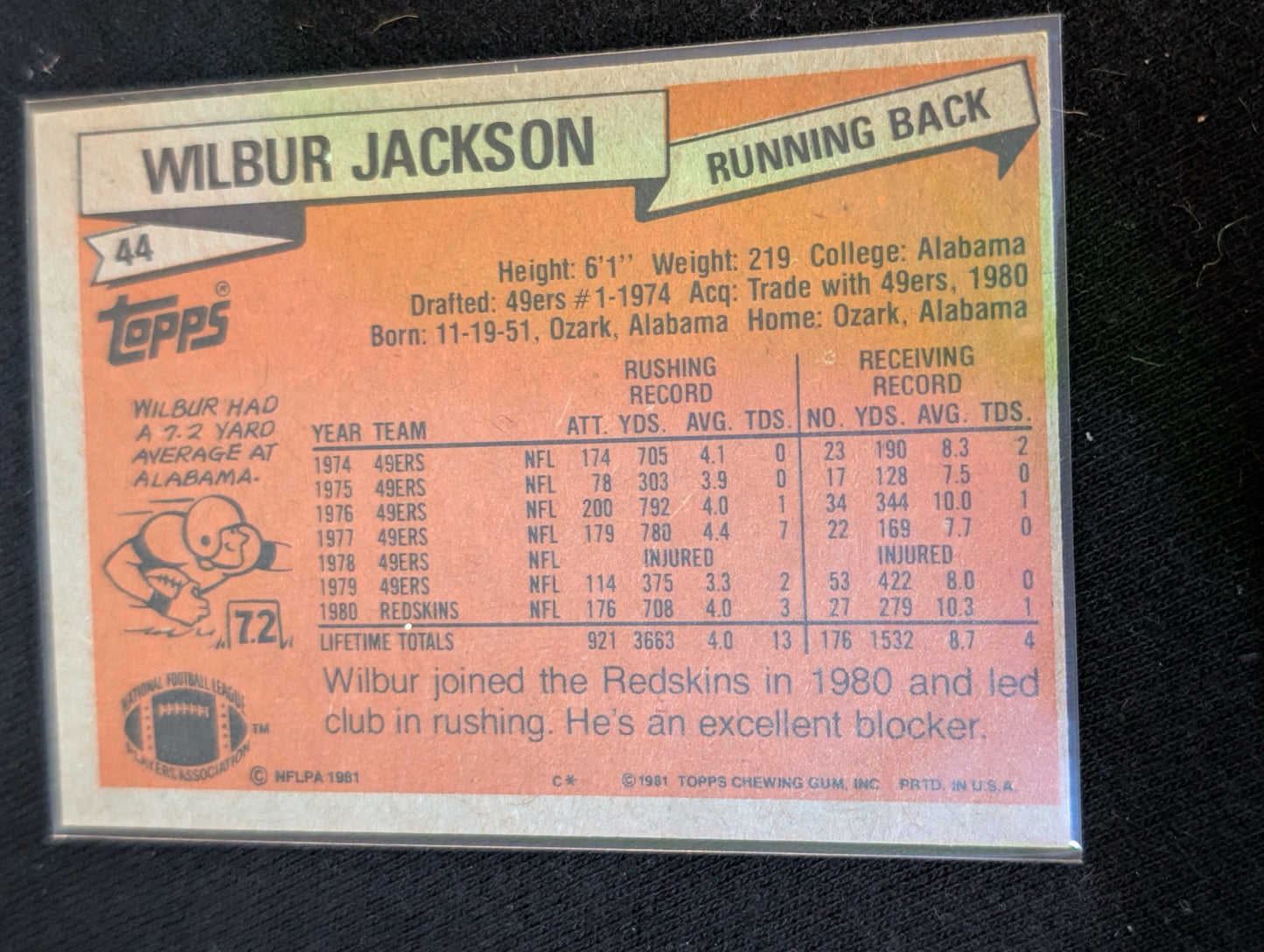Wilbur Jackson Vintage Topps Lot (2) 1980 49ers and 1981 Redskins RB Alabama Trailblazer
