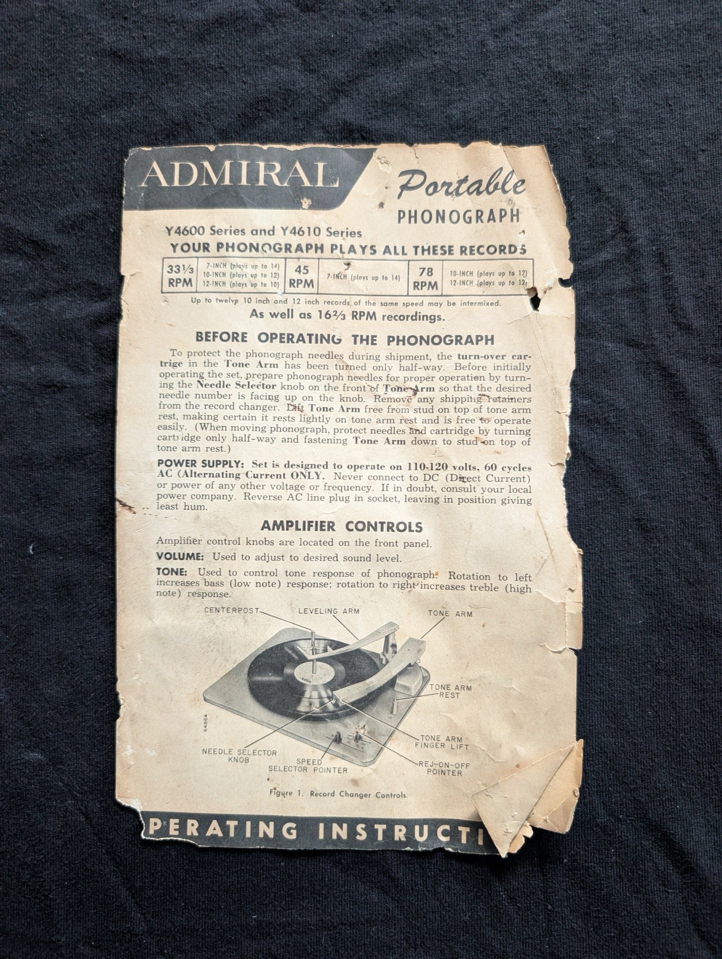 Vintage Admiral Portable Phonograph Instructions Y4600 Y4610 Manual