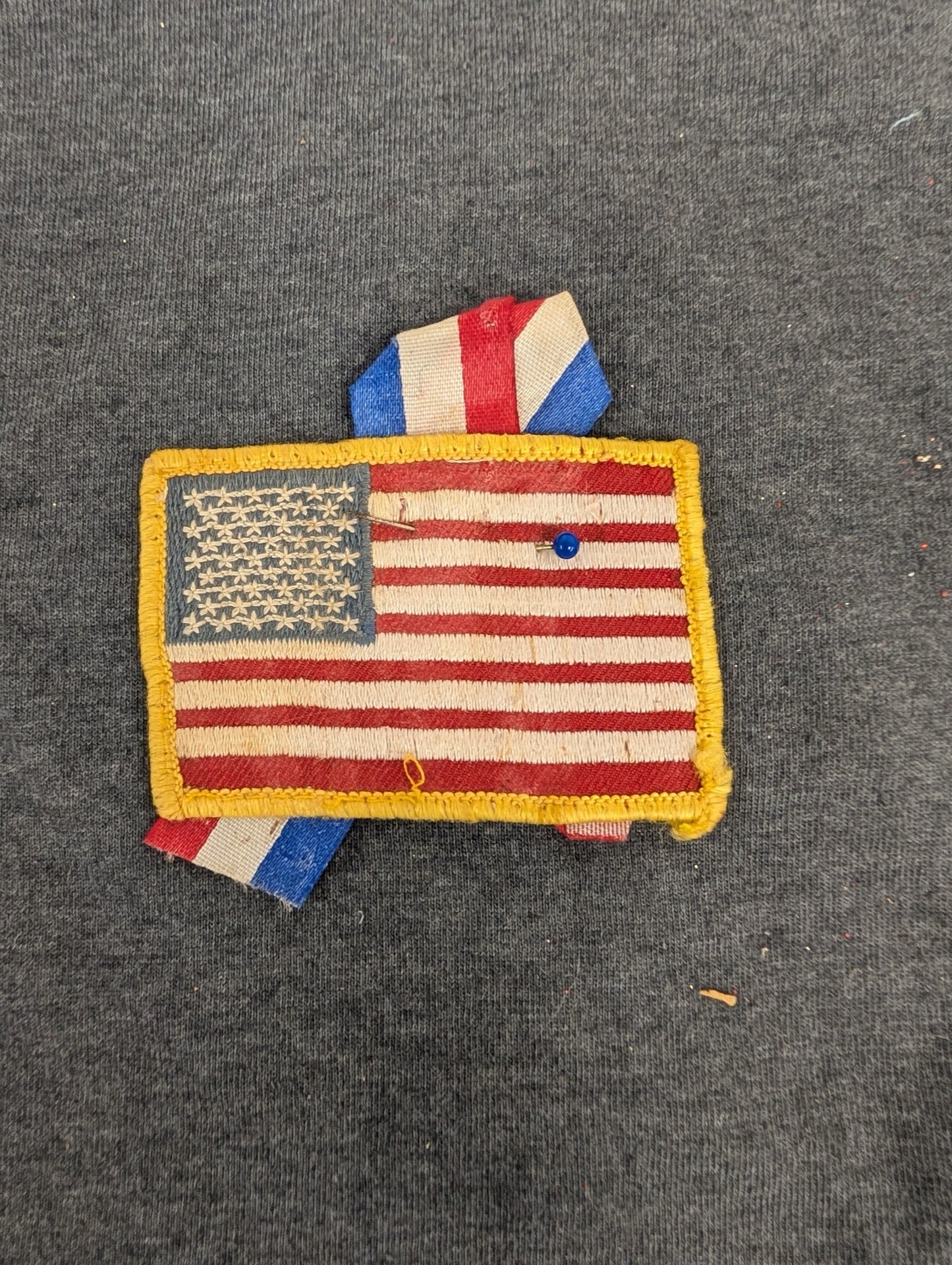 Vintage American Flag Patch with Ribbon Patriotic Pin Back USA Badge