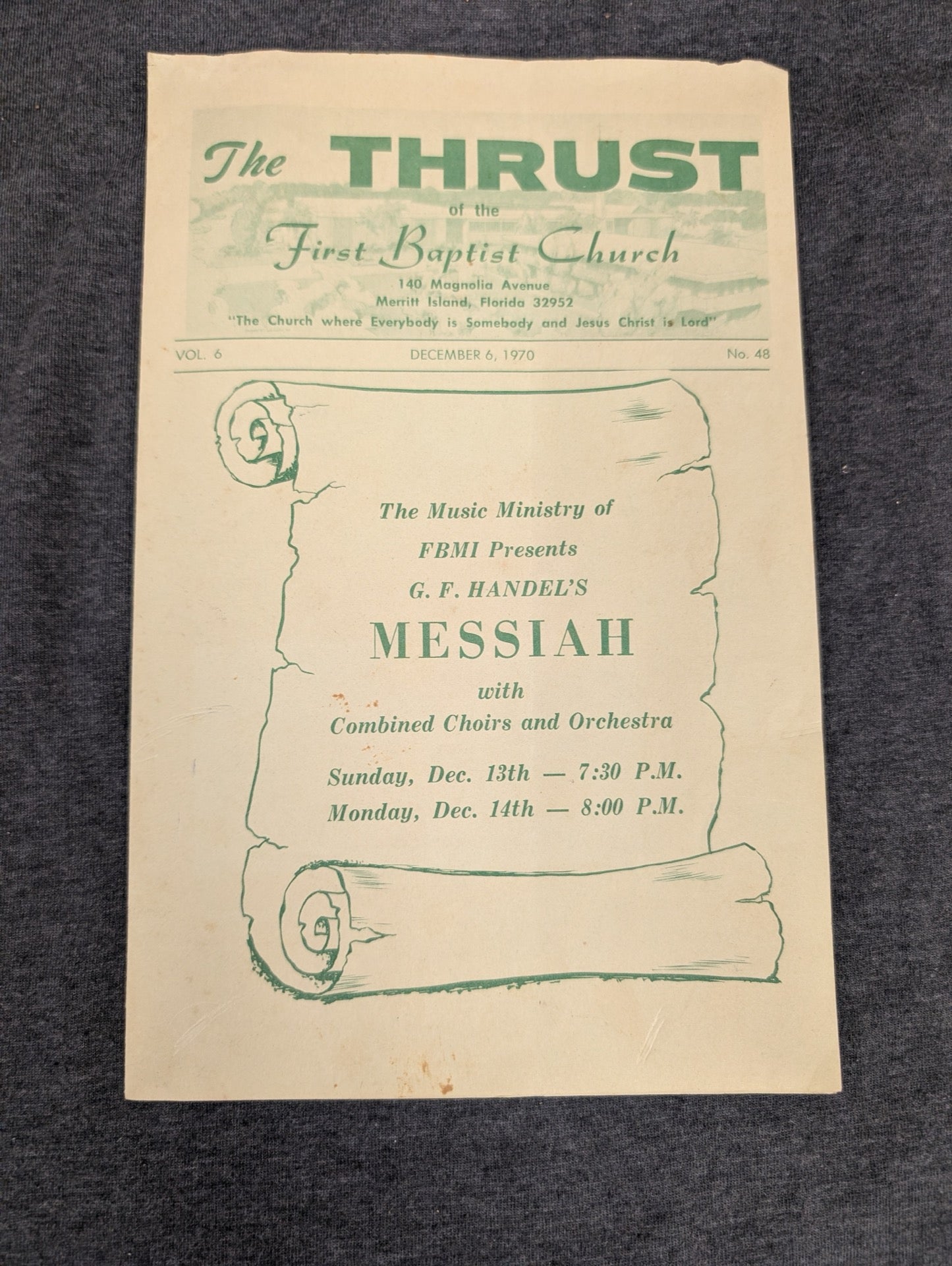 Vintage 1970 Church Bulletin - First Baptist Church Merritt Island FL - Handel