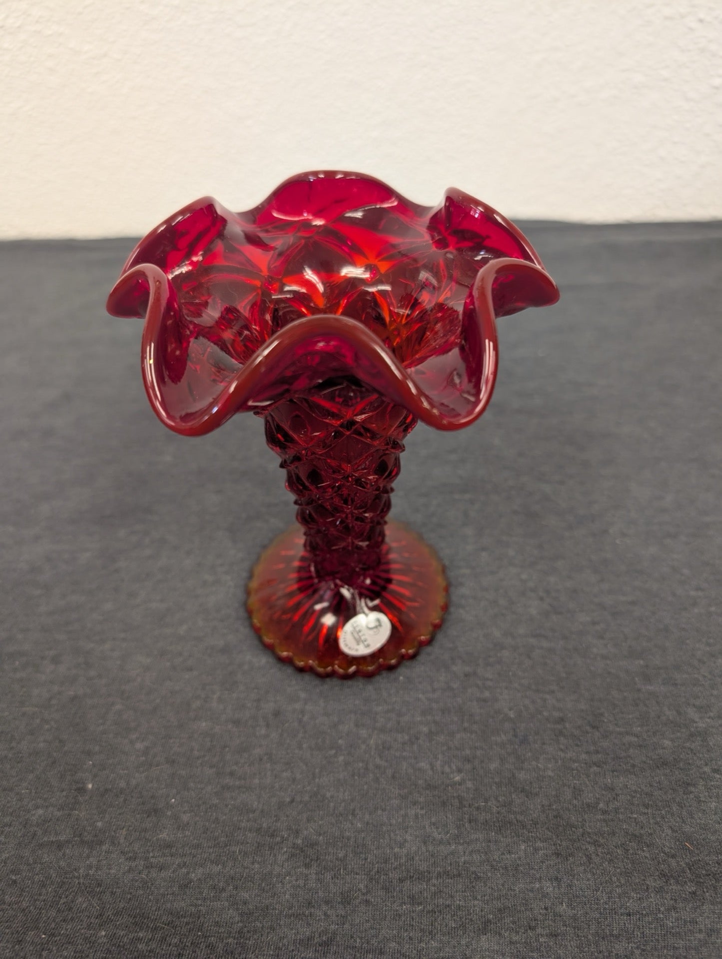 Vintage Ruby Red Glass Ruffled Hobnail Vase