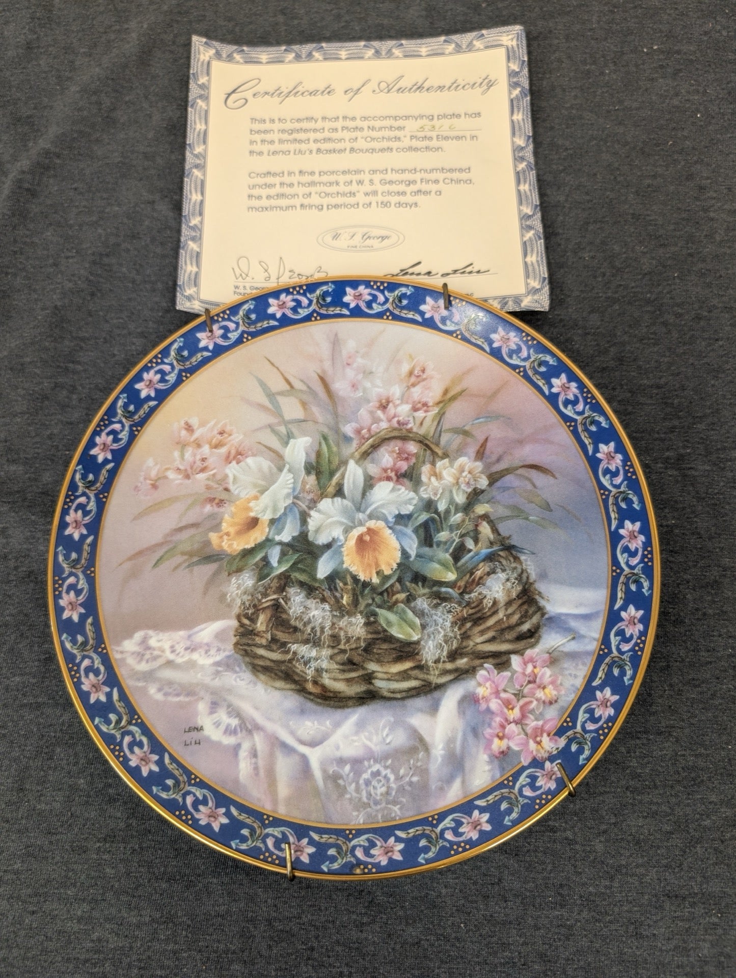 Lena Liu Orchids collector plate with wire hanger and Certificate of Authenticity