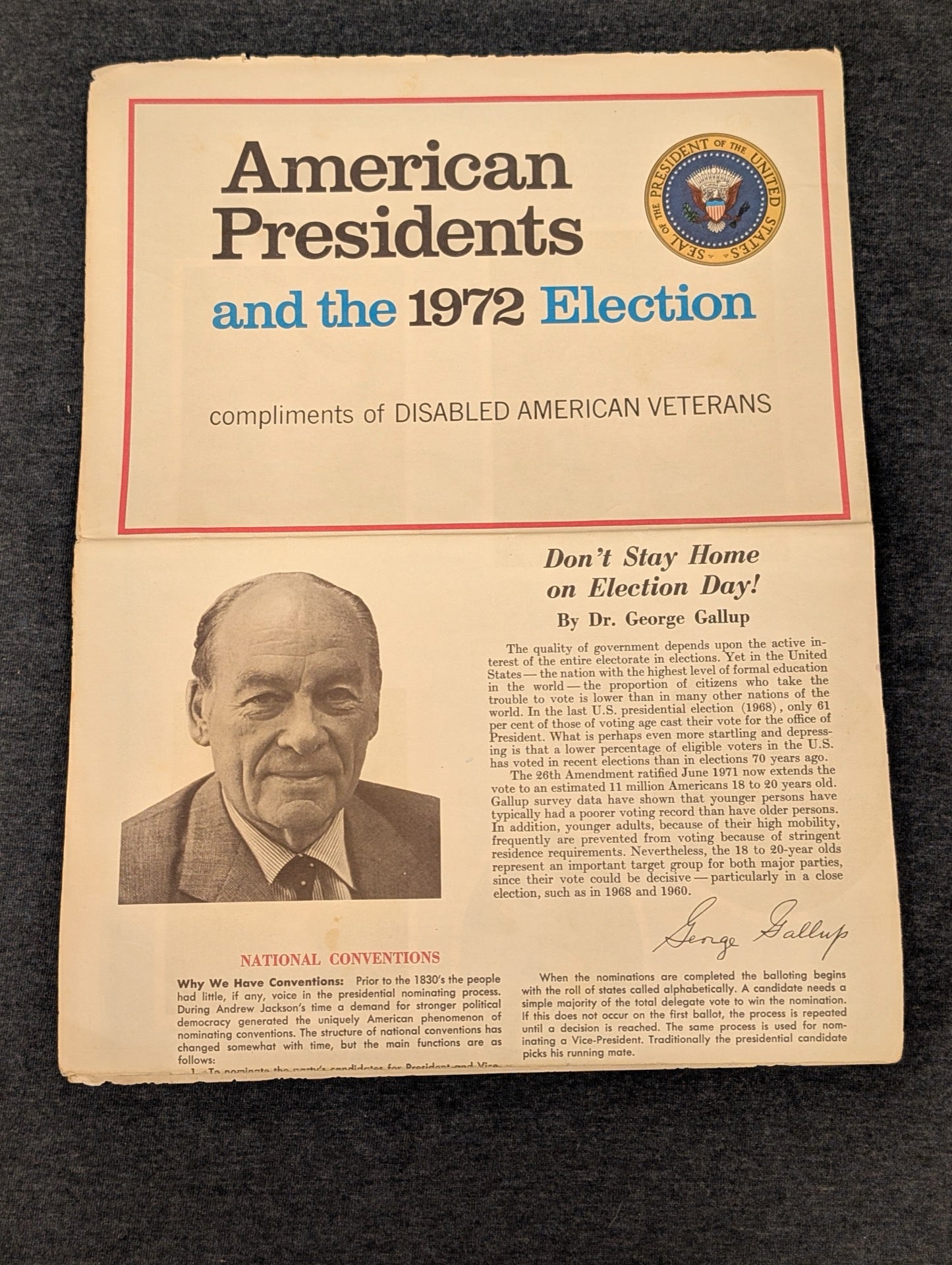 American Presidents and the 1972 Election pamphlet by Disabled American Veterans.