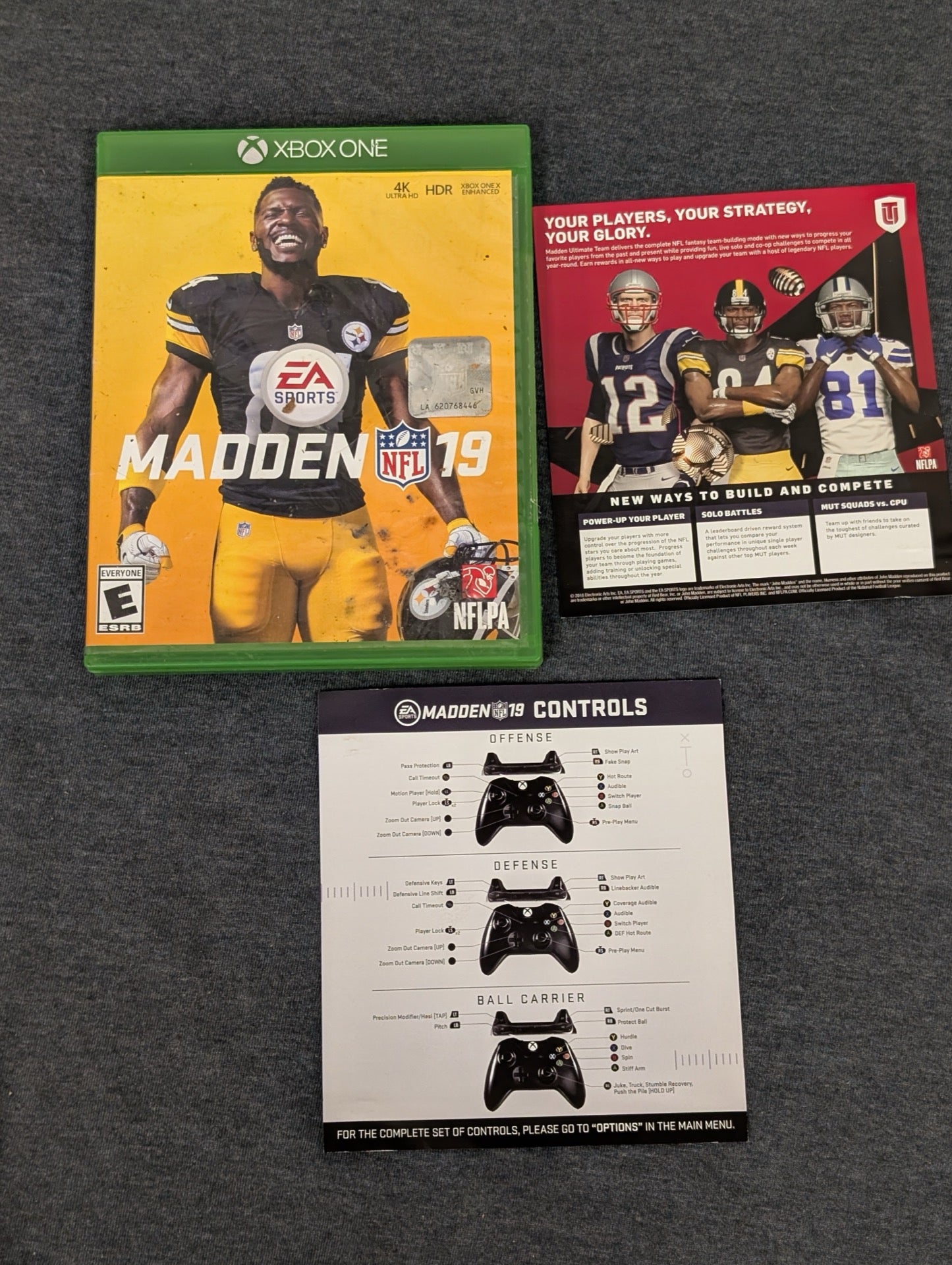 Madden NFL 19 empty Xbox One case with Ultimate Team promo inserts. No game included.