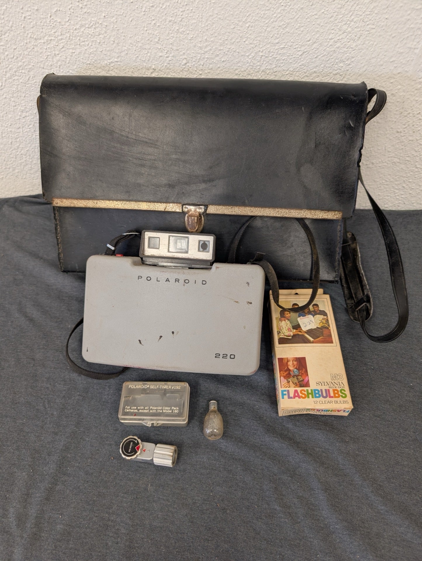 Polaroid 220 camera, timer, flashbulbs, and a black vinyl bag.