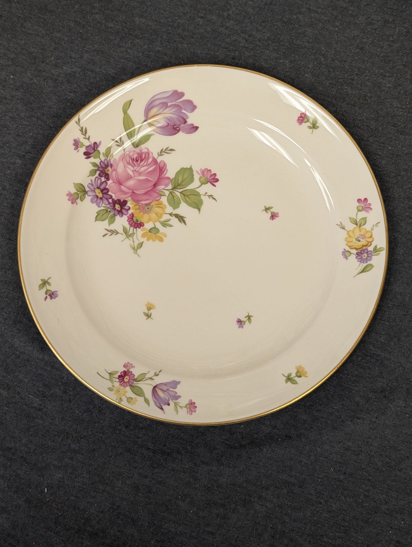 Vintage Rosenthal ivory porcelain plate with pink rose pattern and gold rim