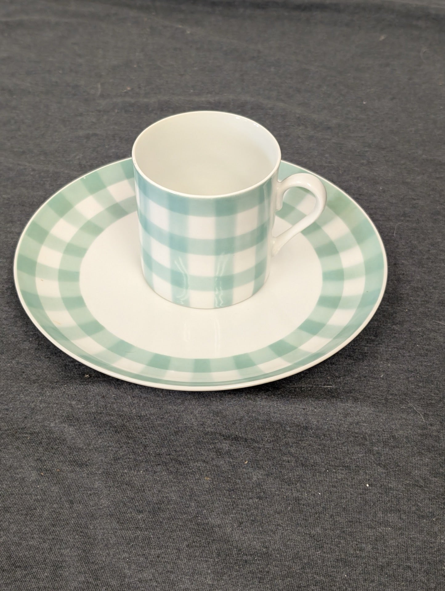 Teal and white gingham checkered teacup resting on a matching saucer.