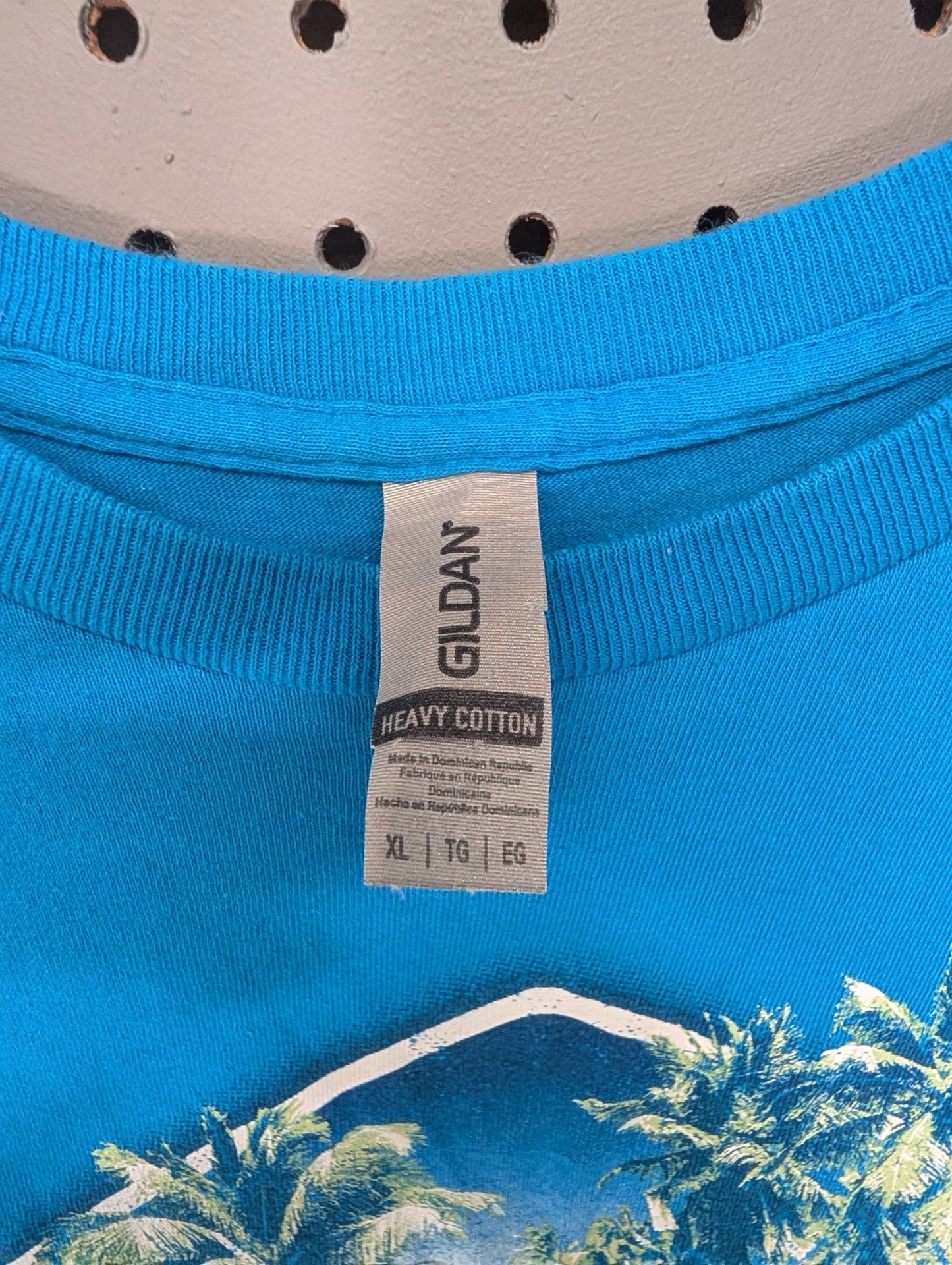 Gildan XL tag on blue t-shirt