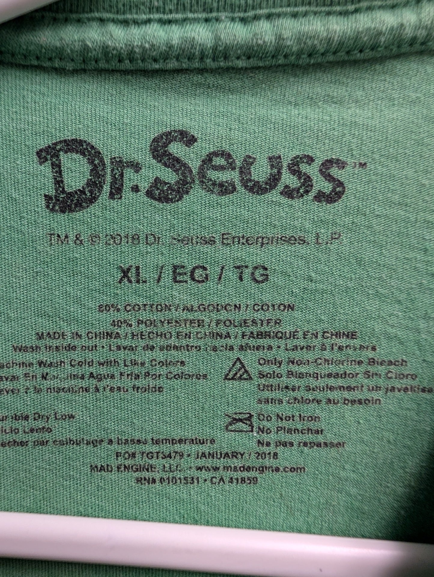 Close up of printed Dr. Seuss size XL tag
