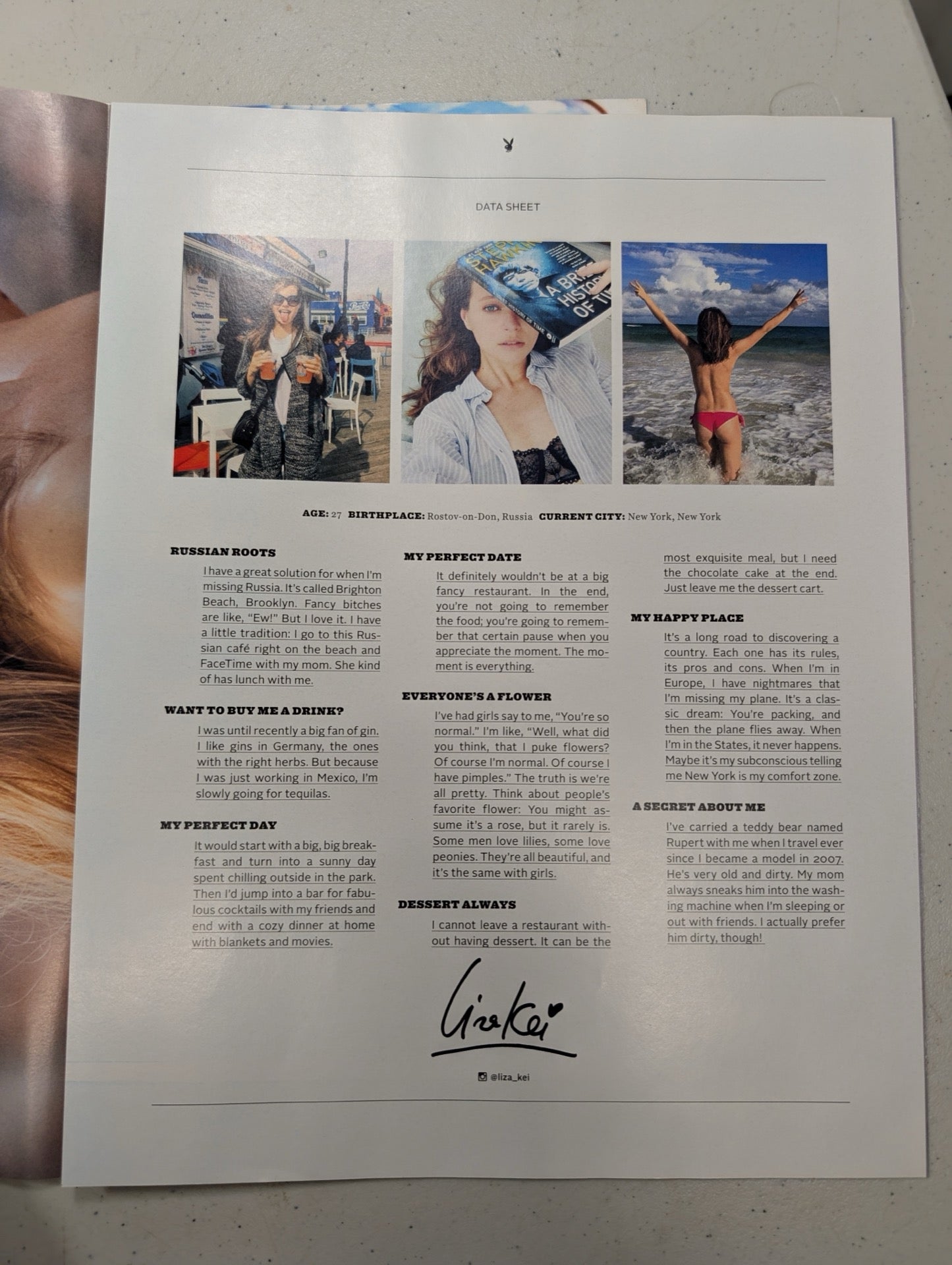 Inside data sheet page for Liza Kei