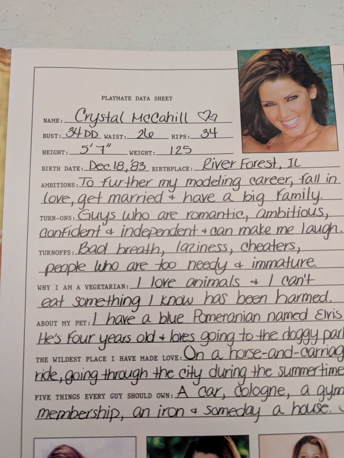 Inside data sheet for Crystal McCahill Playboy May 2009