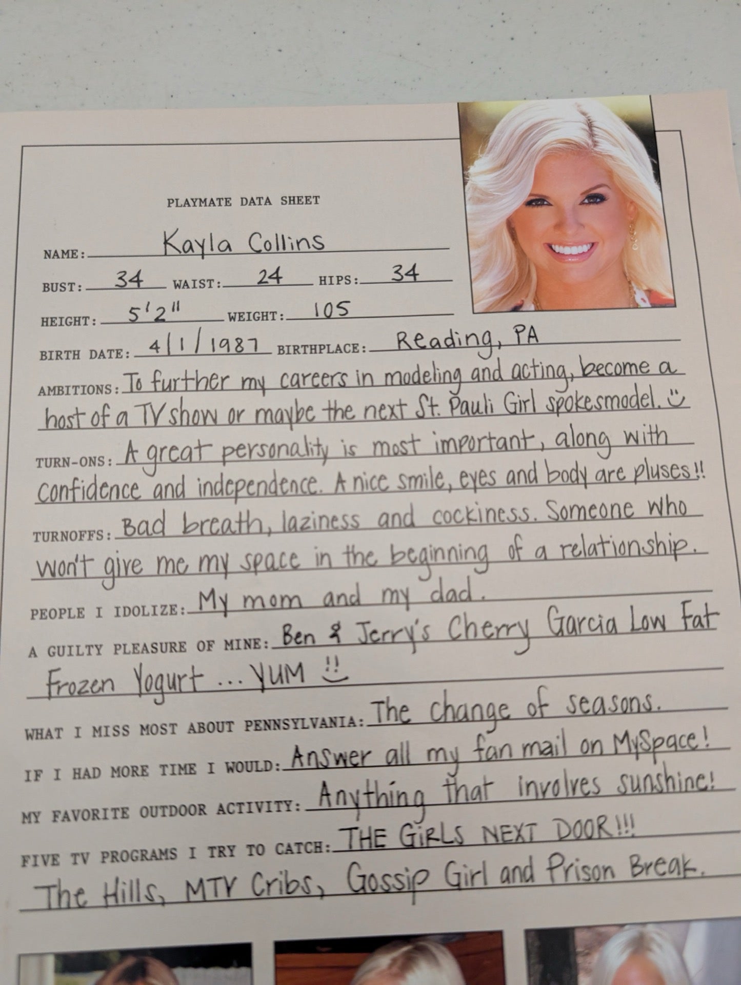 Inside Kayla Collins data sheet Playboy August 2008