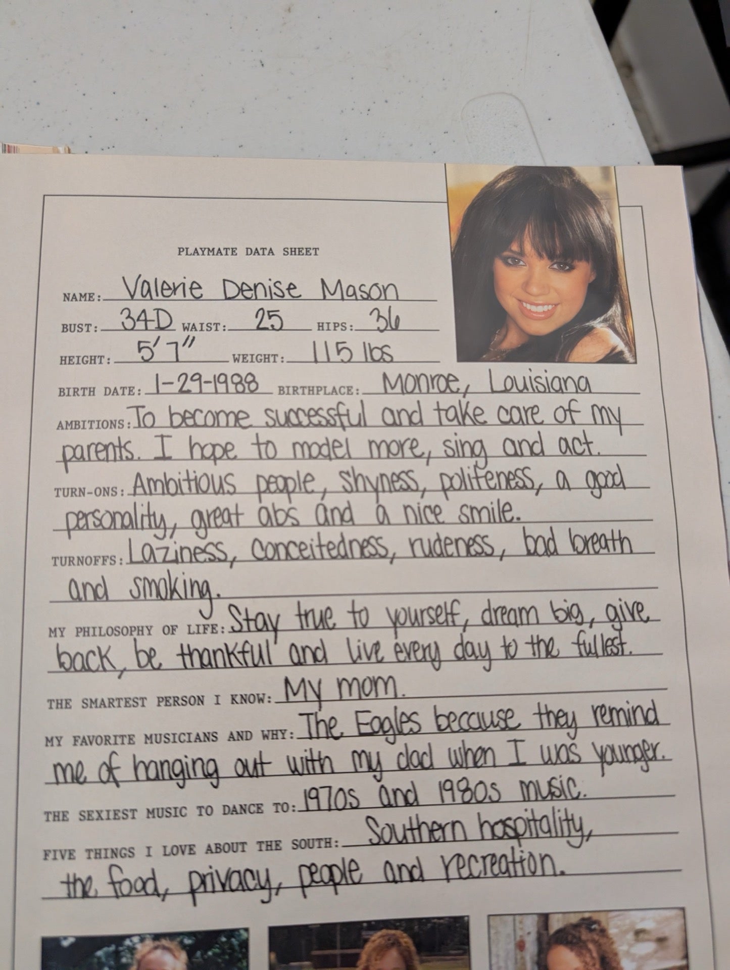 Inside Valerie Denise Mason data sheet Playboy Sept 2008