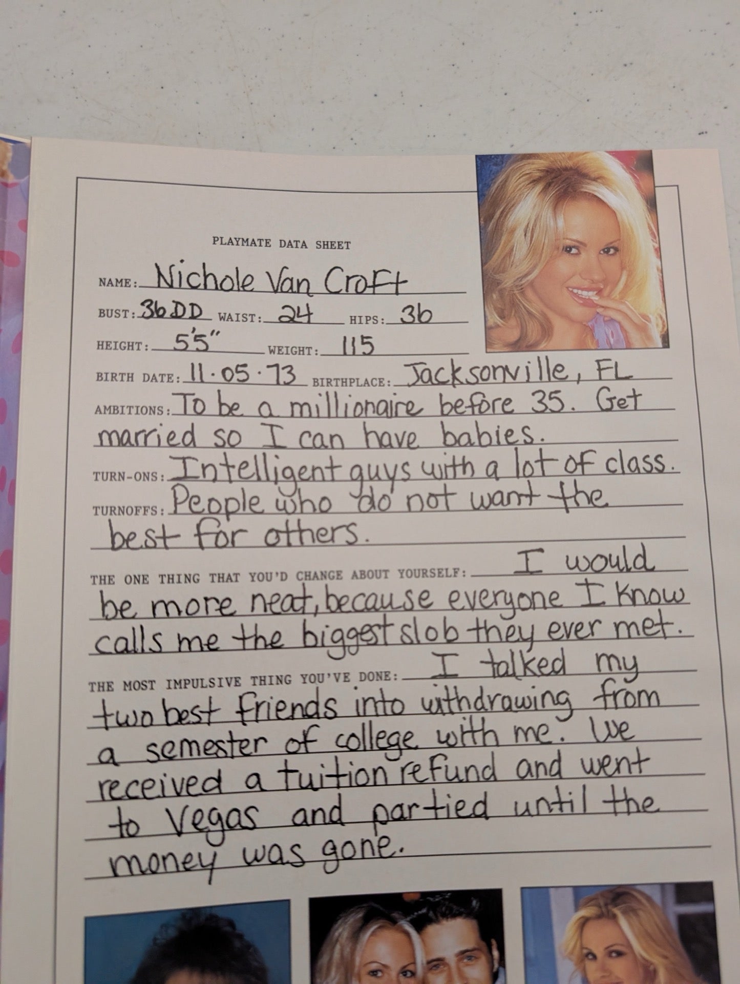 Playboy Magazine October 2000 Nichole Van Croft Data Sheet